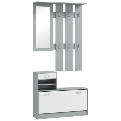 Entryway Hall Tree with Mirror Coat Rack and Shoe Bench 2-Piece Hallway Furniture with 6 Hooks Shelves and Flip-Down Drawer for Dark Gray Hallway