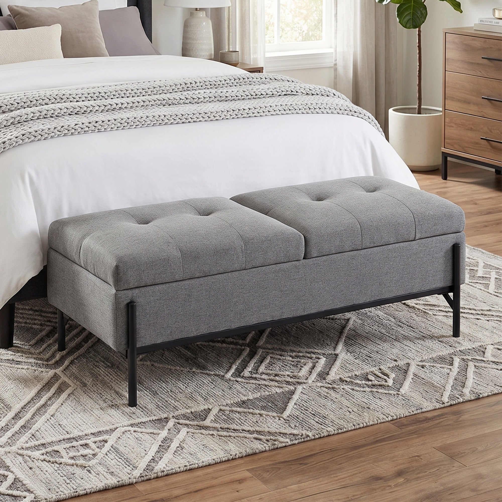 Storage Bench, Linen Ottoman with 2 Compartments, Hinged Lids and Extra-Thick Cushion, Button-Tufted Seat, for Bedroom, Living Room, Hallway — 46.1 x 19.7 x 17.3 in (117 x 50 x 44 cm), Gray