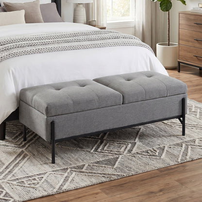 Storage Bench, Linen Ottoman with 2 Compartments, Hinged Lids and Extra-Thick Cushion, Button-Tufted Seat, for Bedroom, Living Room, Hallway — 46.1 x 19.7 x 17.3 in (117 x 50 x 44 cm), Gray