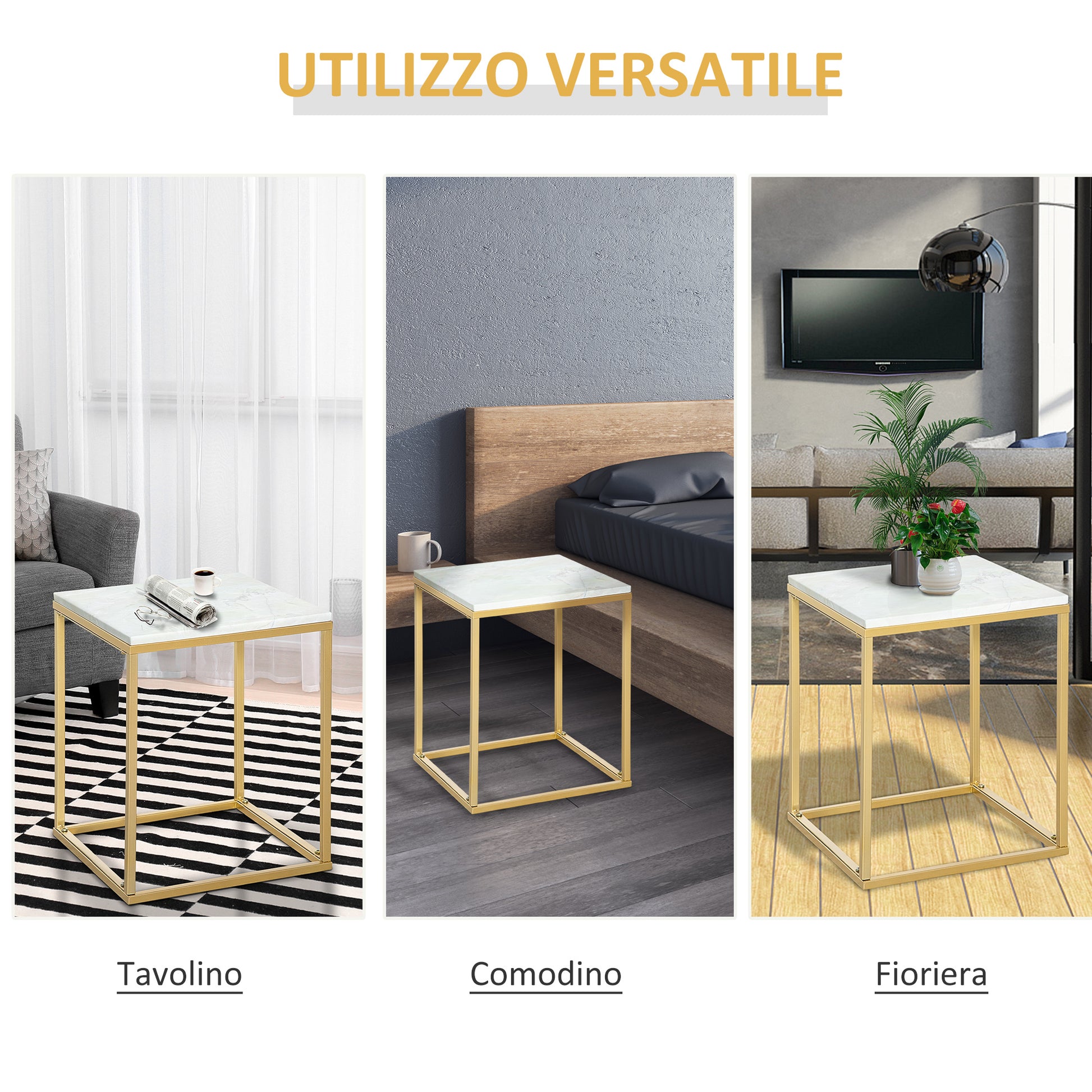 Coffee Table for Living Room and Garden, Low Table in Metal with Marble Effect Finish for Indoor and Outdoor, Gold Color