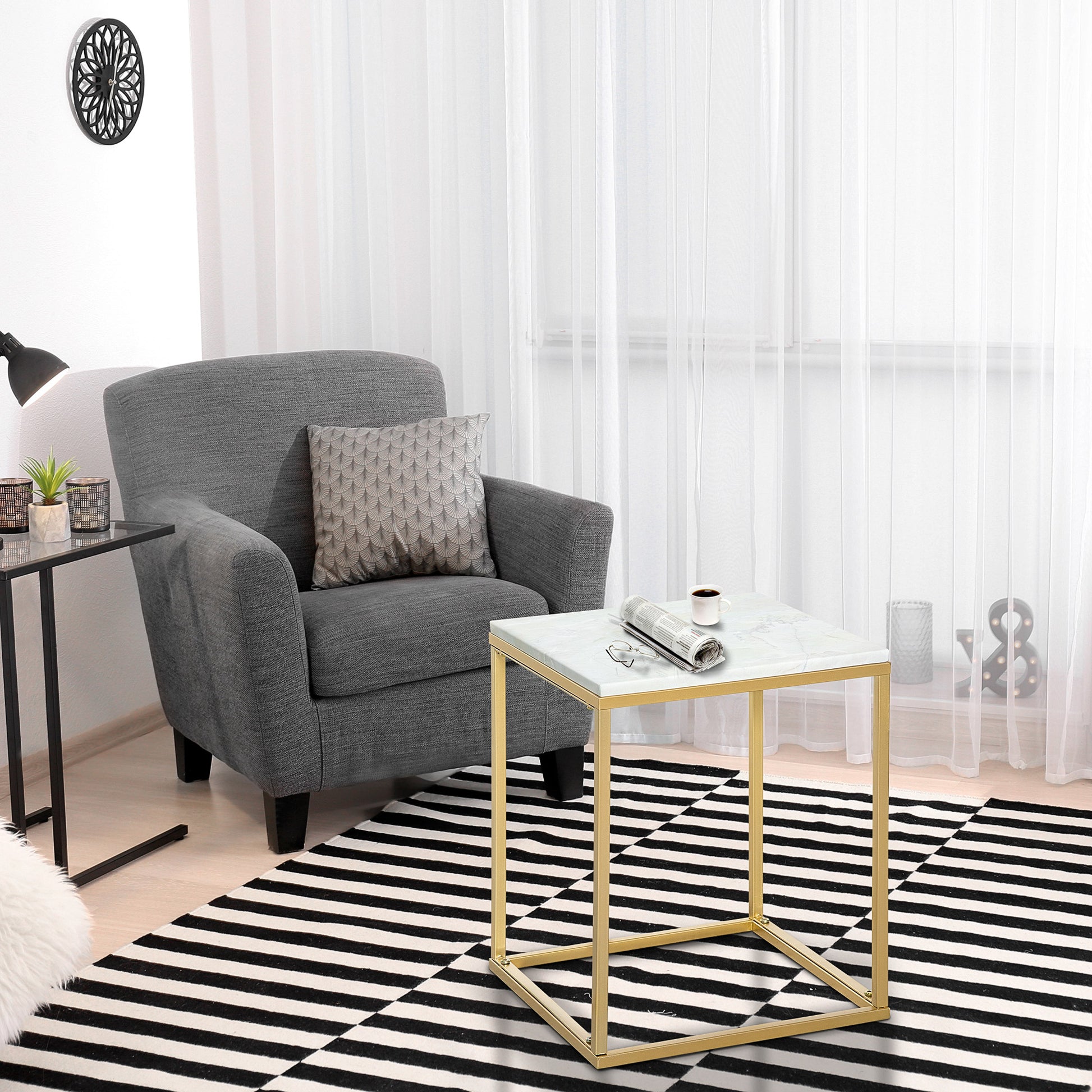 Coffee Table for Living Room and Garden, Low Table in Metal with Marble Effect Finish for Indoor and Outdoor, Gold Color