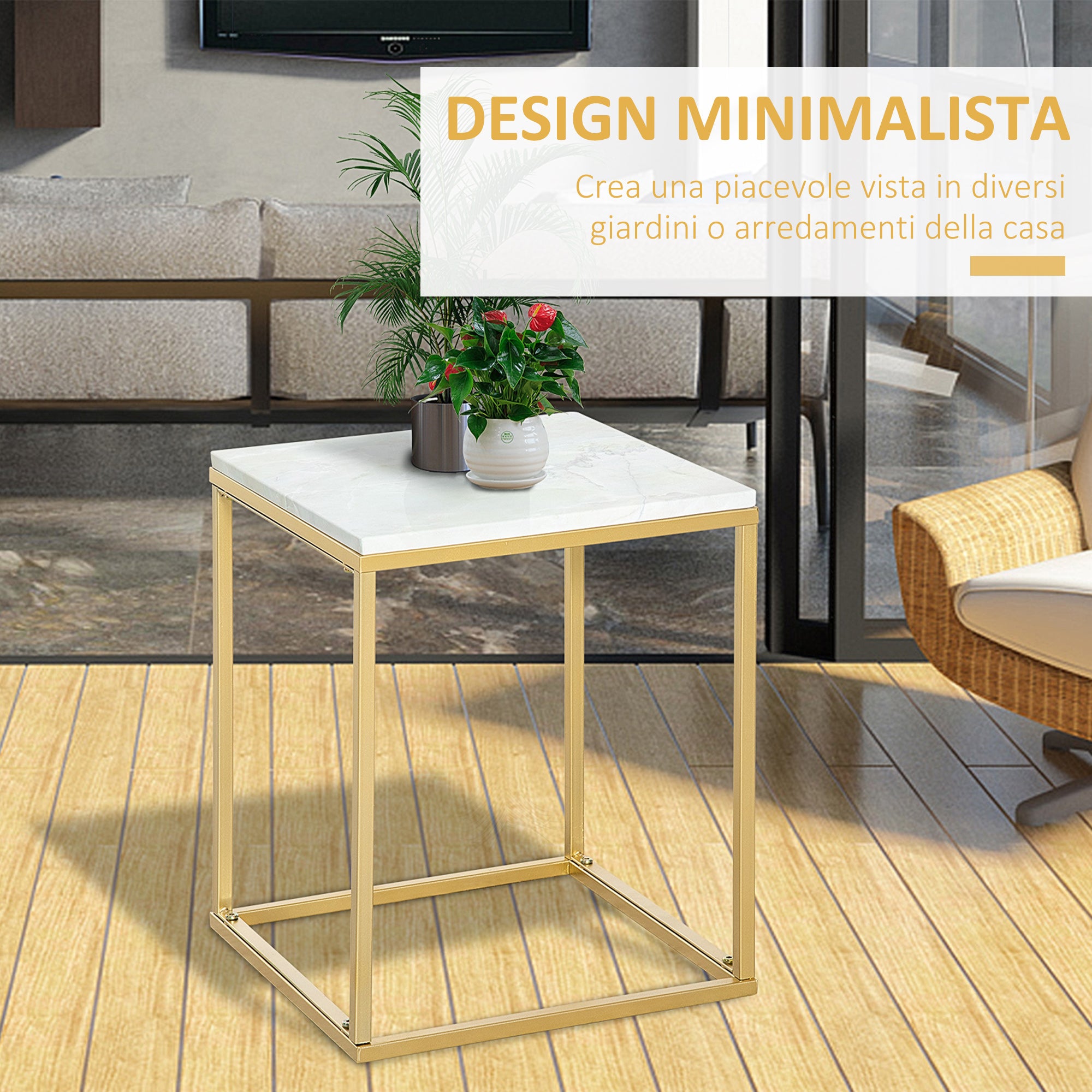 Coffee Table for Living Room and Garden, Low Table in Metal with Marble Effect Finish for Indoor and Outdoor, Gold Color