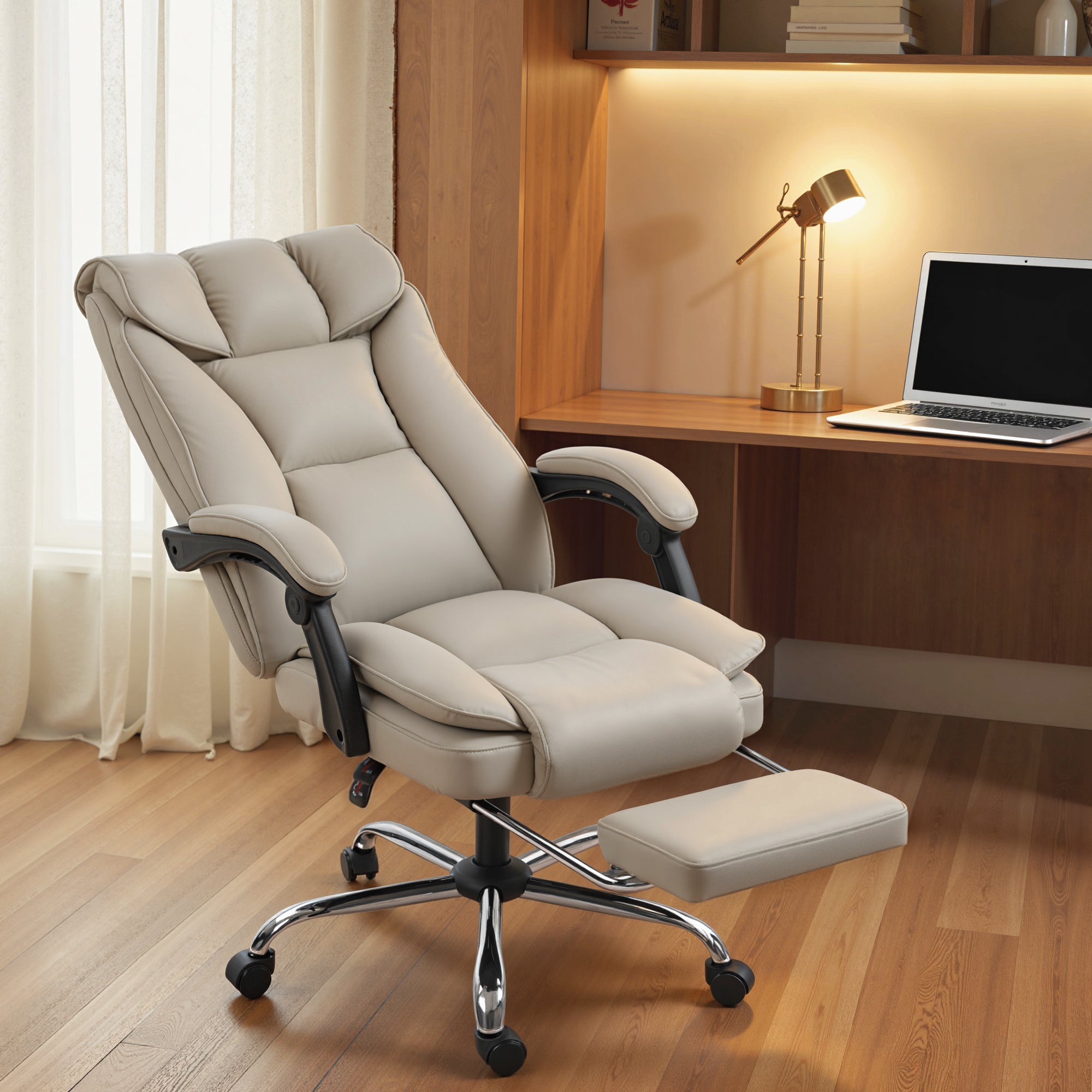 Office Chair with Footrest, High-Back Recliner, Thick Dual Padding, Durable PU Leather, Adjustable Height — Khaki