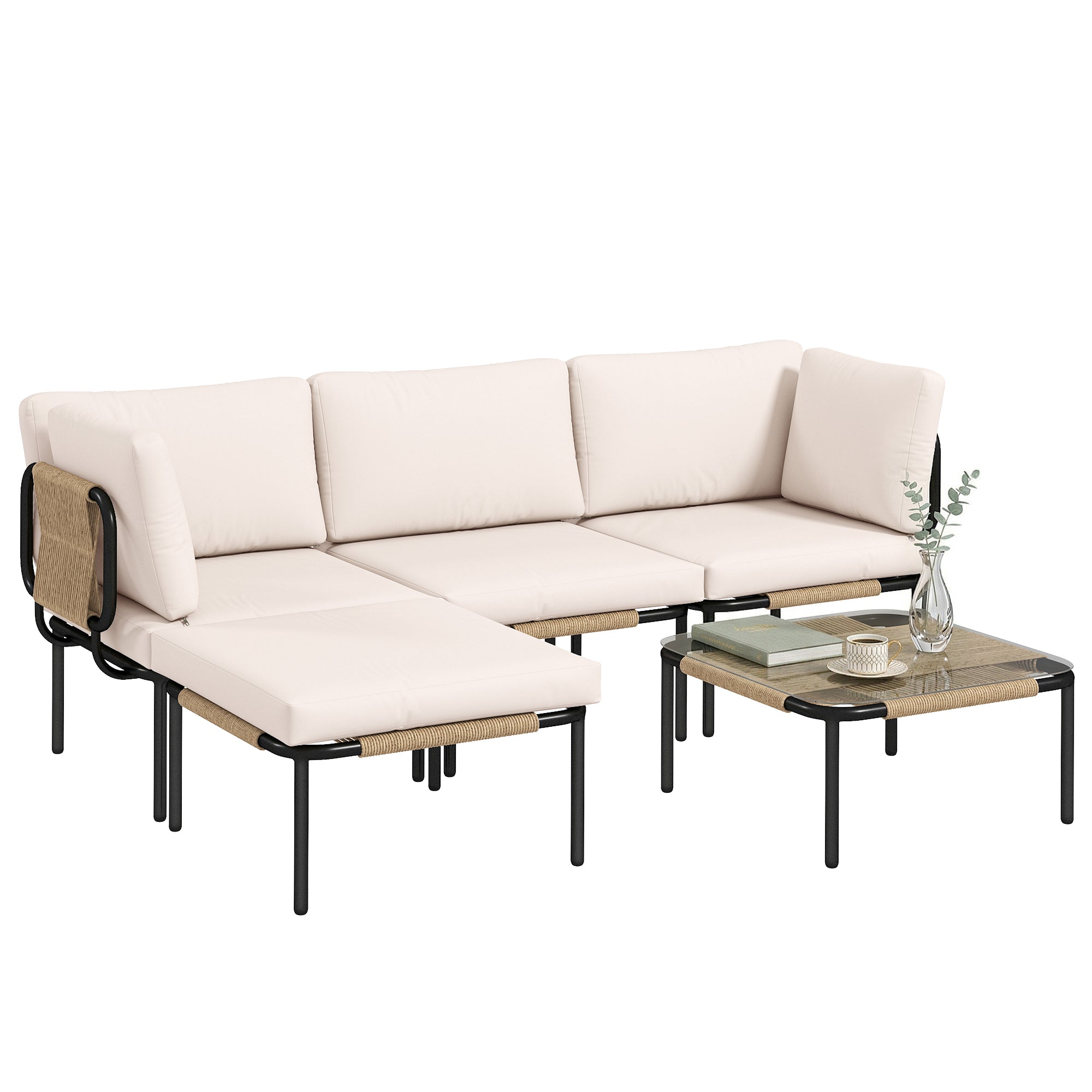 PE Rattan 5-Piece Garden Furniture Set – Modular L-Shaped Lounge with 3 Chairs, Glass Table, Ottoman & Removable Cushions, Khaki