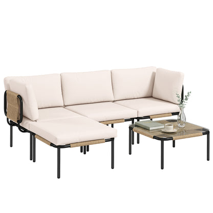 PE Rattan 5-Piece Garden Furniture Set – Modular L-Shaped Lounge with 3 Chairs, Glass Table, Ottoman & Removable Cushions, Khaki
