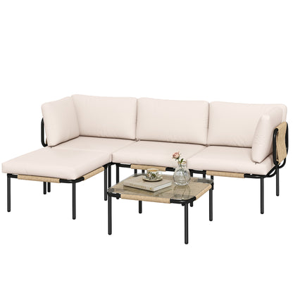 PE Rattan 5-Piece Garden Furniture Set – Modular L-Shaped Lounge with 3 Chairs, Glass Table, Ottoman & Removable Cushions, Khaki