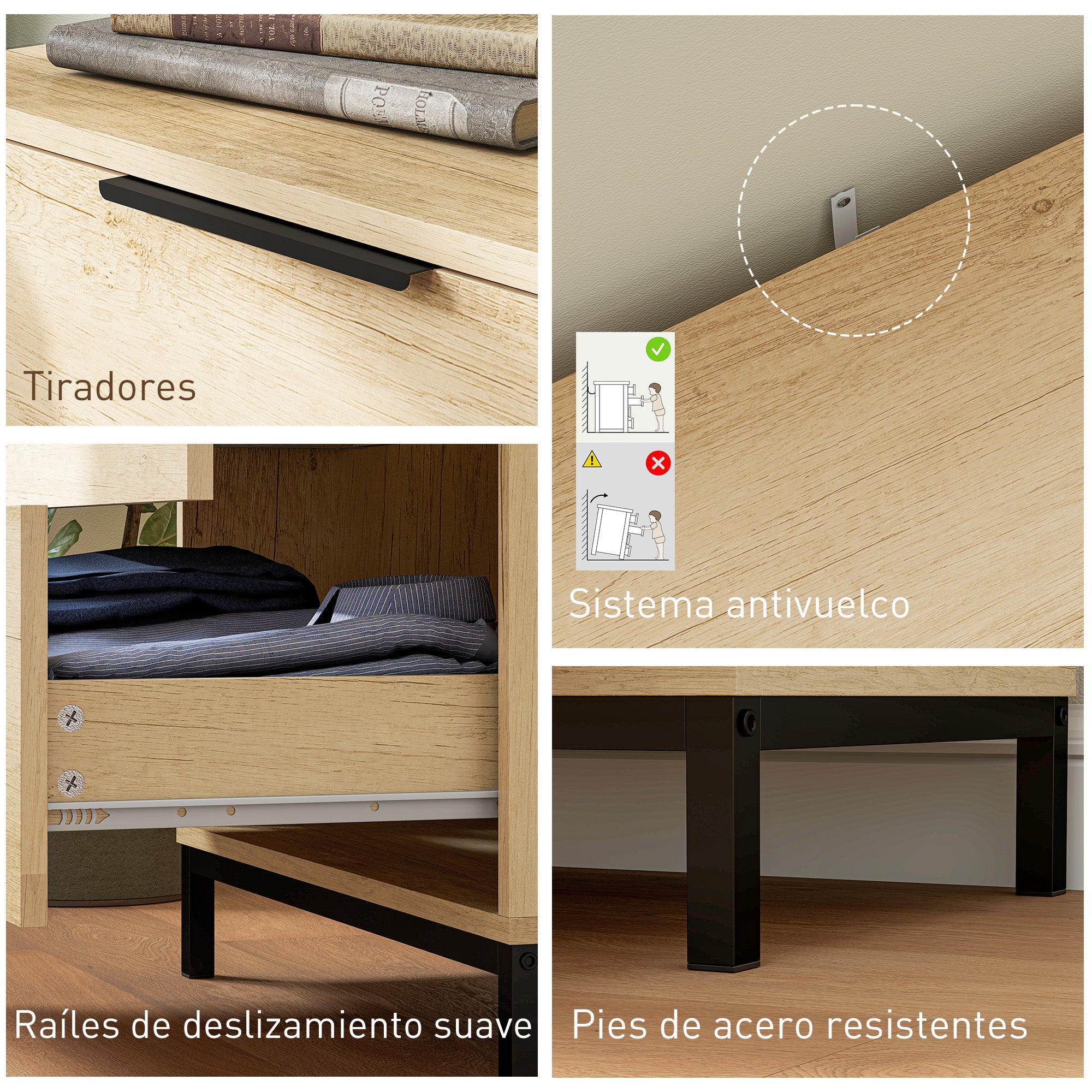 Cómoda de 4 Cajones Cómoda para Dormitorio Alta con Tiradores Metálicos Cajonera Estrecha para Salón Pasillo 62x35x105 cm Natural