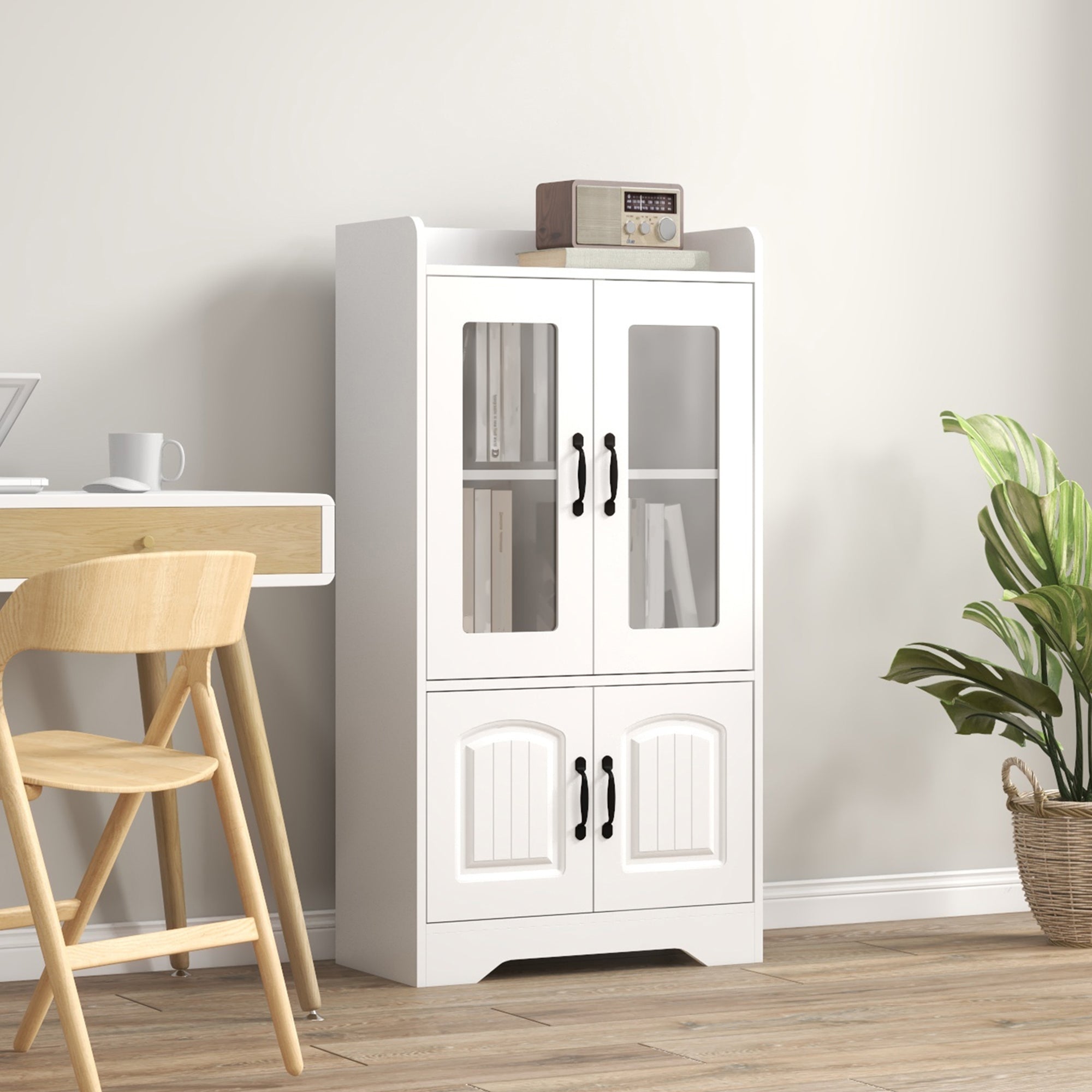 Living Room Display Cabinet Bookcase with Glass Doors Adjustable Shelf and Soft-Close Hinges for Study Home Office Bedroom 60x30x116 cm White