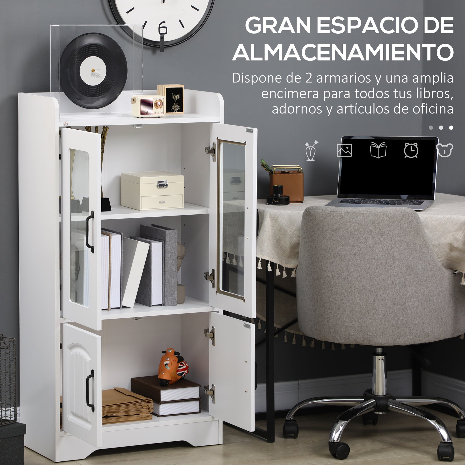 Living Room Display Cabinet Bookcase with Glass Doors Adjustable Shelf and Soft-Close Hinges for Study Home Office Bedroom 60x30x116 cm White