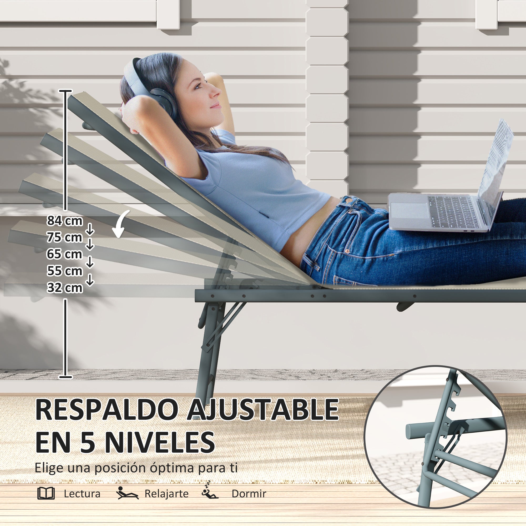 Pack of 2 Garden Loungers Outdoor Foldable Reclining Sun Loungers in 5 Positions with Metal Frame and Breathable Mesh Seat for Beach Pool 164x54x84 cm Cream
