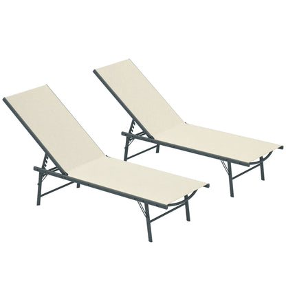 Pack of 2 Garden Loungers Outdoor Foldable Reclining Sun Loungers in 5 Positions with Metal Frame and Breathable Mesh Seat for Beach Pool 164x54x84 cm Cream