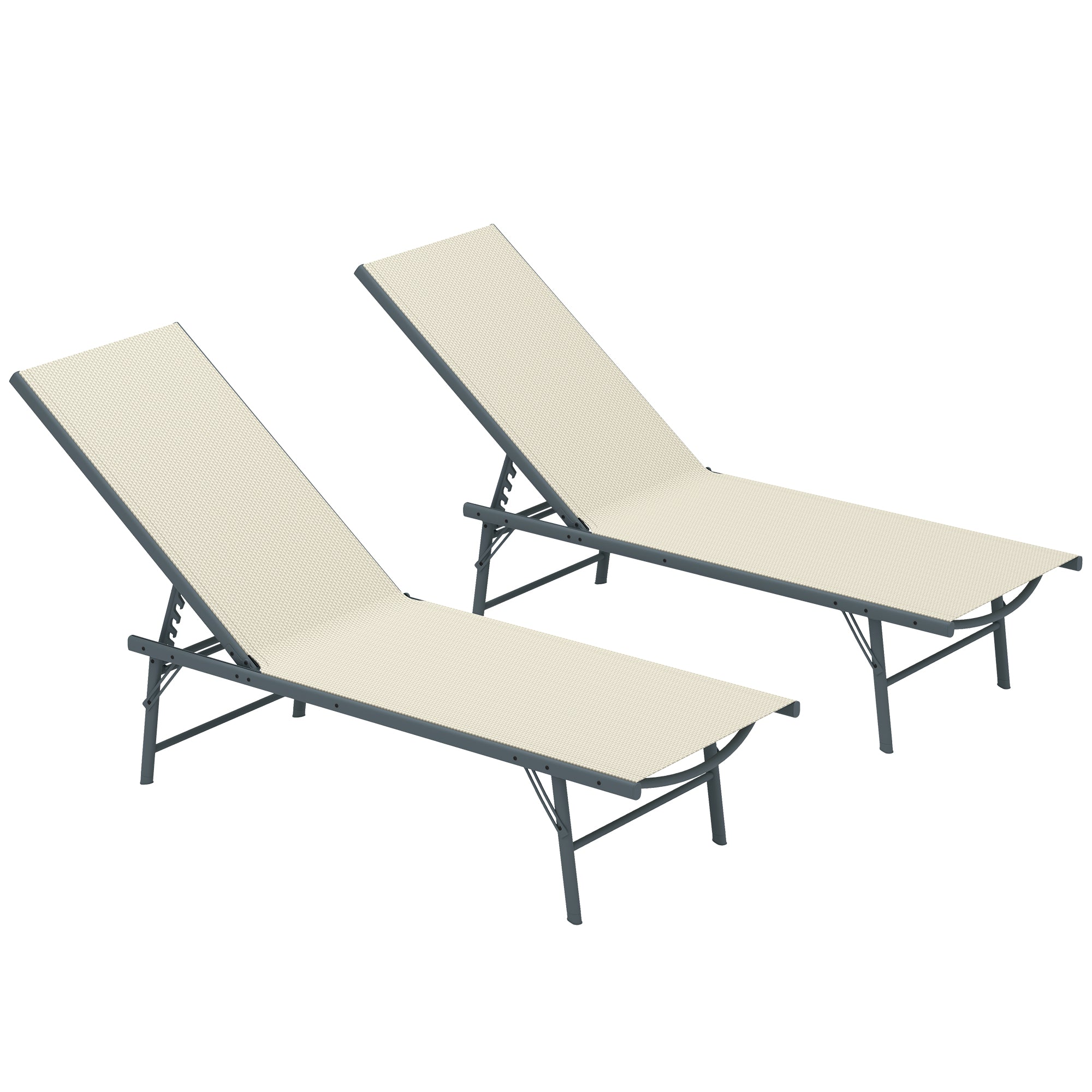 Pack of 2 Garden Loungers Outdoor Foldable Reclining Sun Loungers in 5 Positions with Metal Frame and Breathable Mesh Seat for Beach Pool 164x54x84 cm Cream