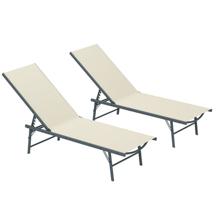Pack of 2 Garden Loungers Outdoor Foldable Reclining Sun Loungers in 5 Positions with Metal Frame and Breathable Mesh Seat for Beach Pool 164x54x84 cm Cream