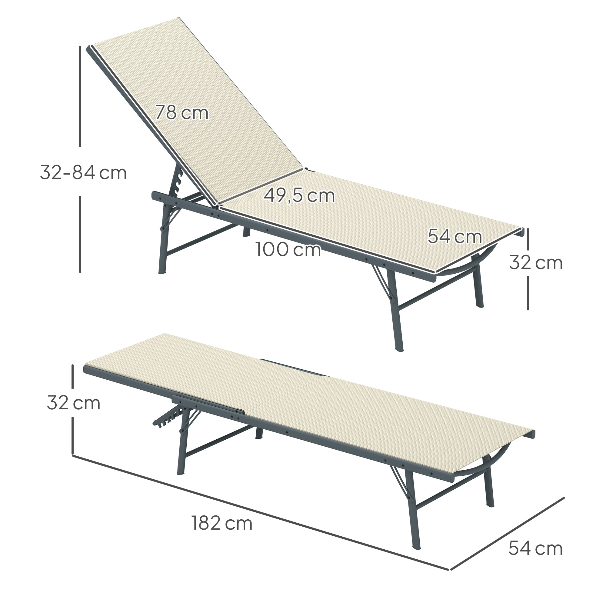 Pack of 2 Garden Loungers Outdoor Foldable Reclining Sun Loungers in 5 Positions with Metal Frame and Breathable Mesh Seat for Beach Pool 164x54x84 cm Cream