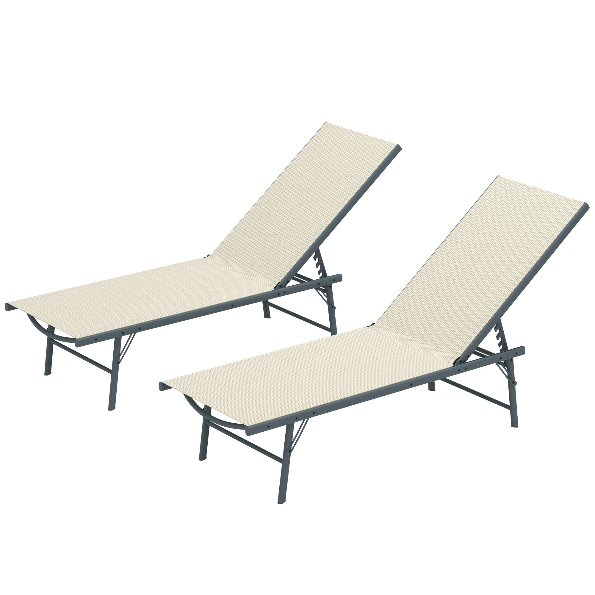 Pack of 2 Garden Loungers Outdoor Foldable Reclining Sun Loungers in 5 Positions with Metal Frame and Breathable Mesh Seat for Beach Pool 164x54x84 cm Cream