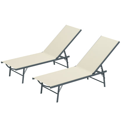 Pack of 2 Garden Loungers Outdoor Foldable Reclining Sun Loungers in 5 Positions with Metal Frame and Breathable Mesh Seat for Beach Pool 164x54x84 cm Cream