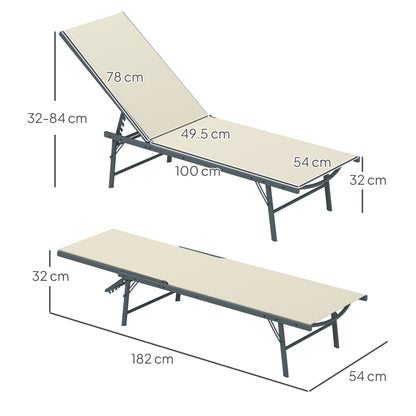 Pack of 2 Garden Loungers Outdoor Foldable Reclining Sun Loungers in 5 Positions with Metal Frame and Breathable Mesh Seat for Beach Pool 164x54x84 cm Cream