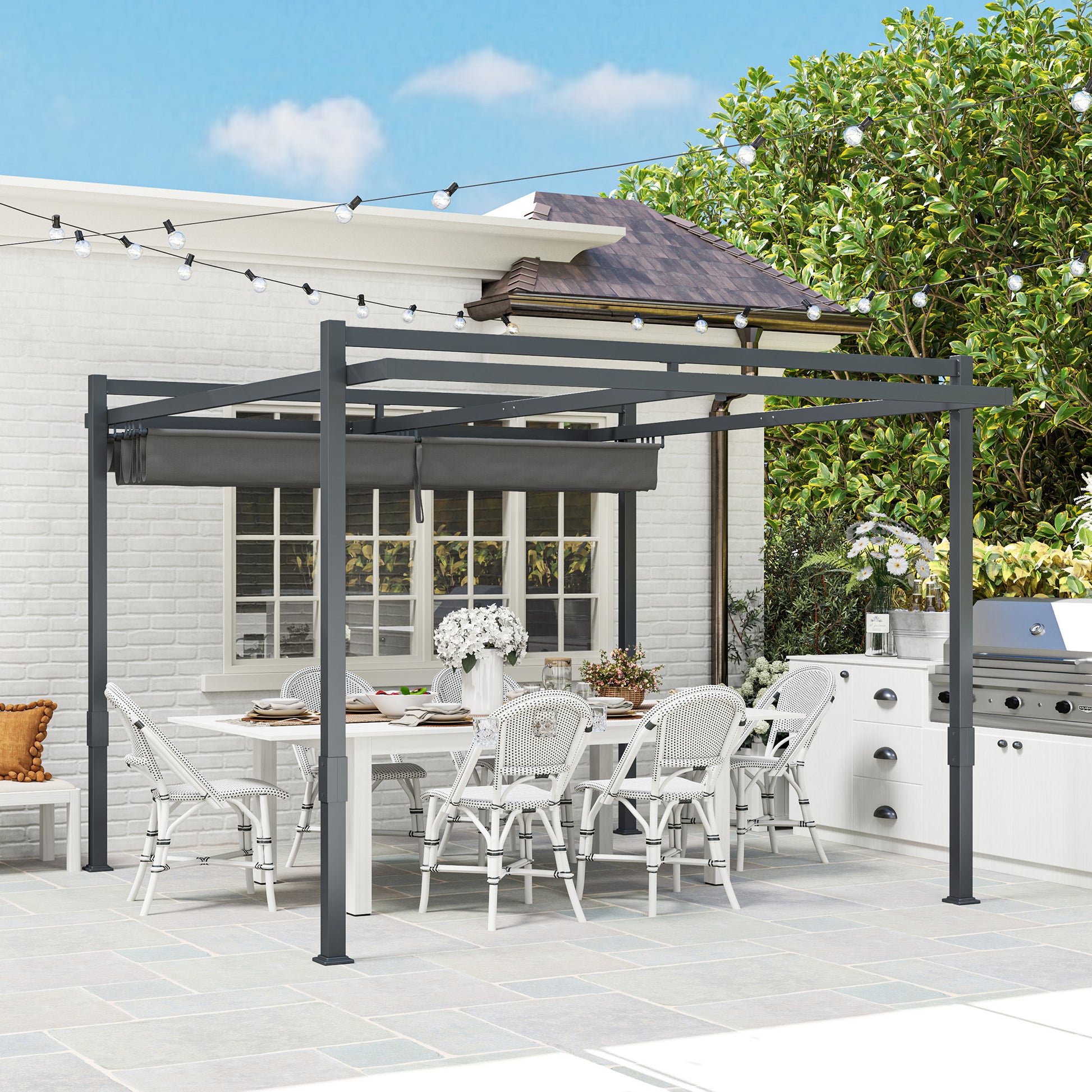 Pergola Pavilion approx. 3.5x3m Aluminum Stable Winterproof Sun Protection with Adjustable Sliding Roof Freestanding Garden Pavilion Patio Cover Canopy for Garden Balcony Gray