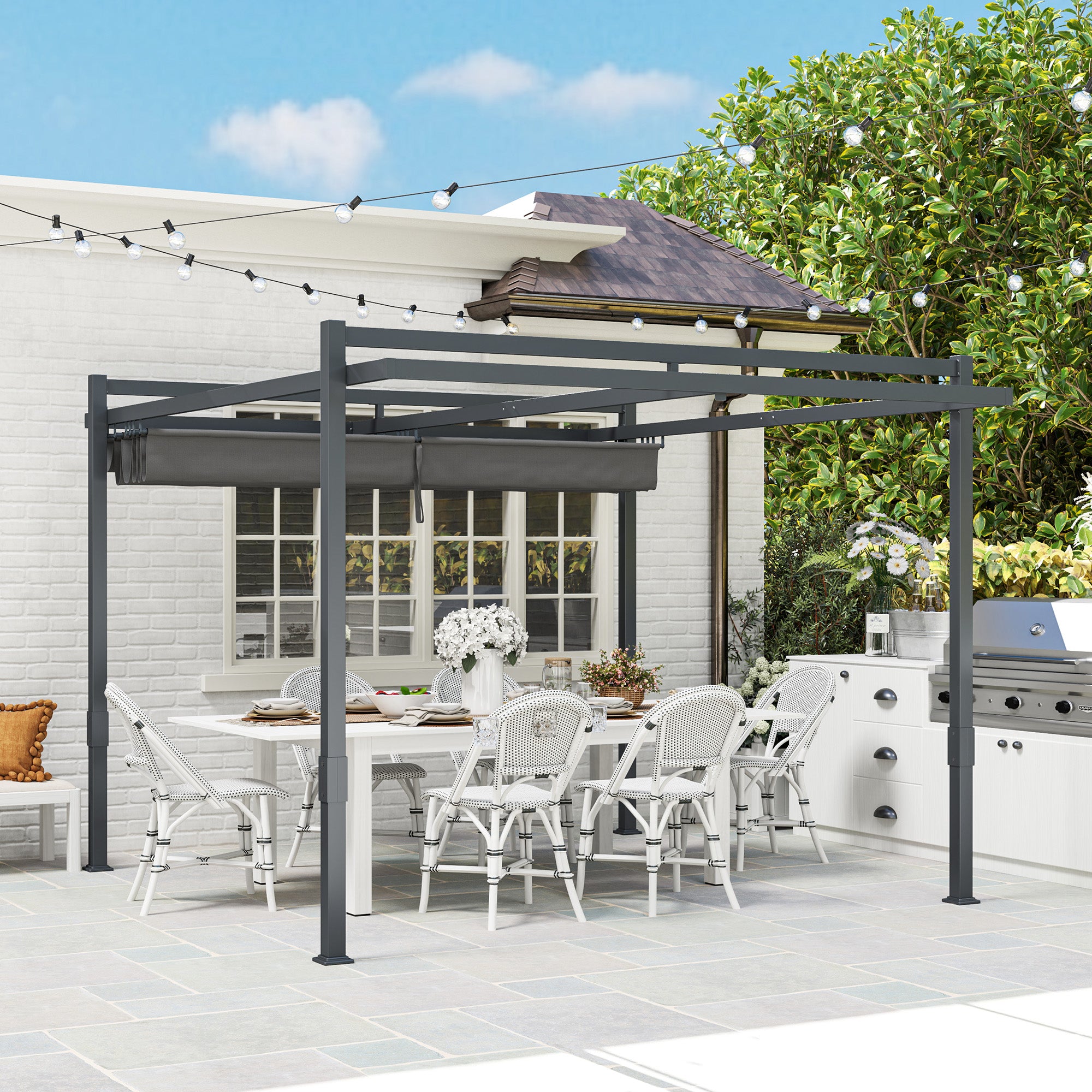 Pergola Pavilion approx. 3.5x3m Aluminum Stable Winterproof Sun Protection with Adjustable Sliding Roof Freestanding Garden Pavilion Patio Cover Canopy for Garden Balcony Gray