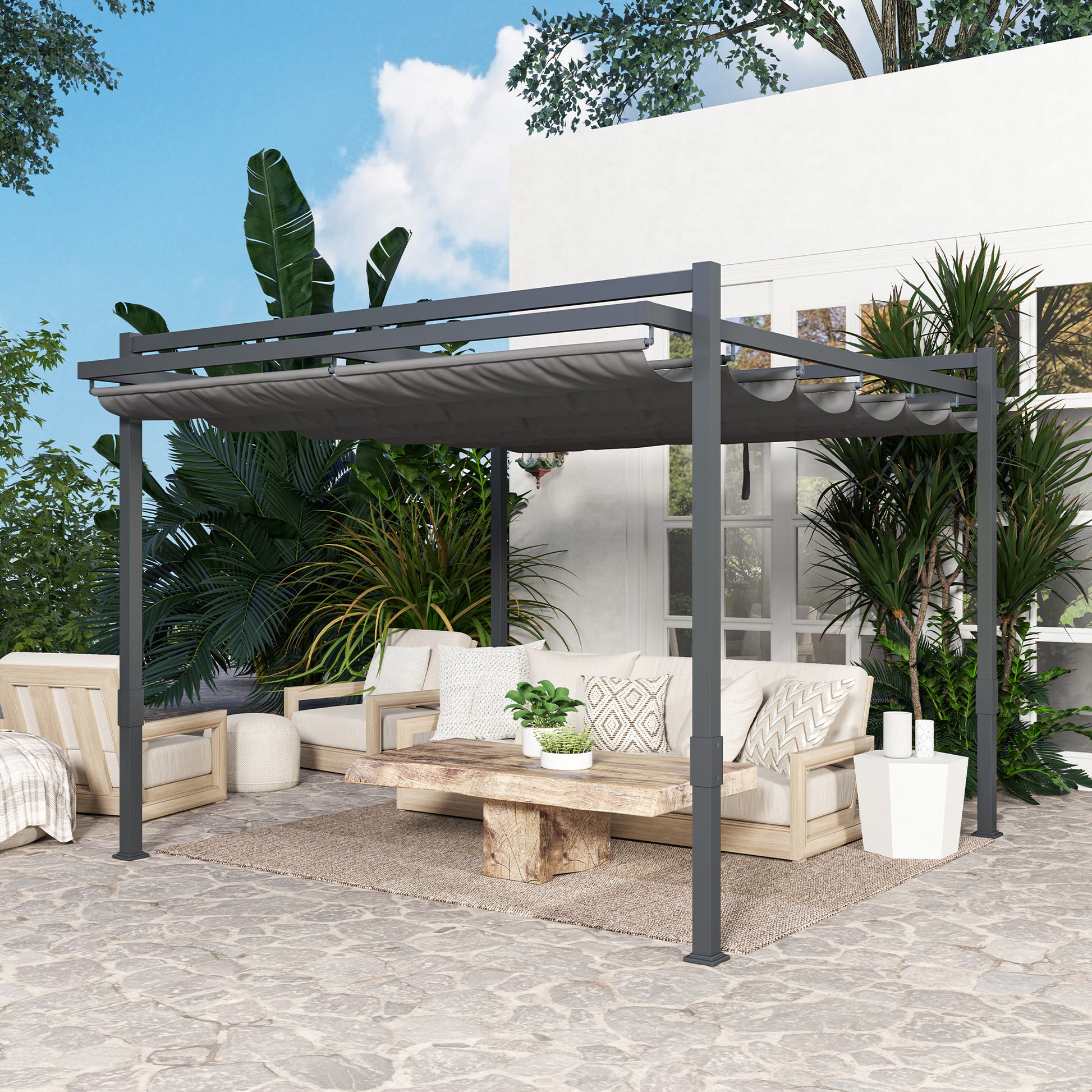 Pergola Pavilion approx. 3.5x3m Aluminum Stable Winterproof Sun Protection with Adjustable Sliding Roof Freestanding Garden Pavilion Patio Cover Canopy for Garden Balcony Gray
