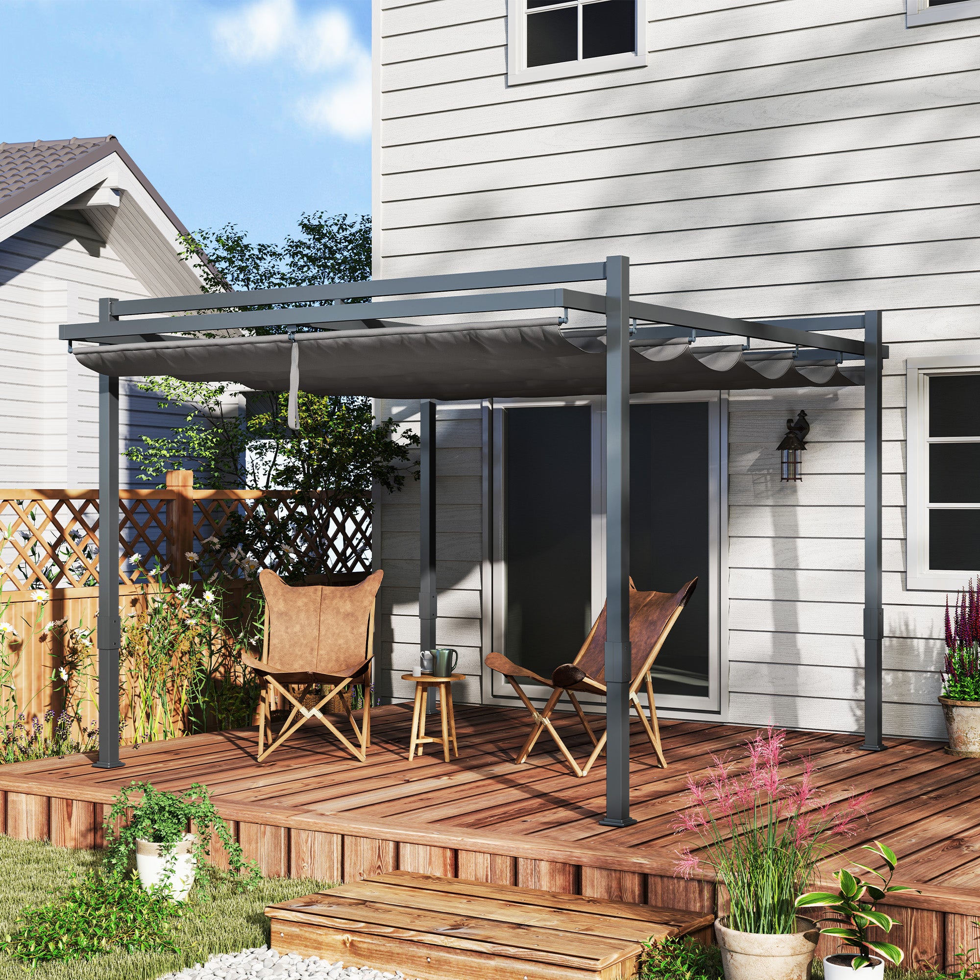 Pergola Pavilion approx. 3.5x3m Aluminum Stable Winterproof Sun Protection with Adjustable Sliding Roof Freestanding Garden Pavilion Patio Cover Canopy for Garden Balcony Gray