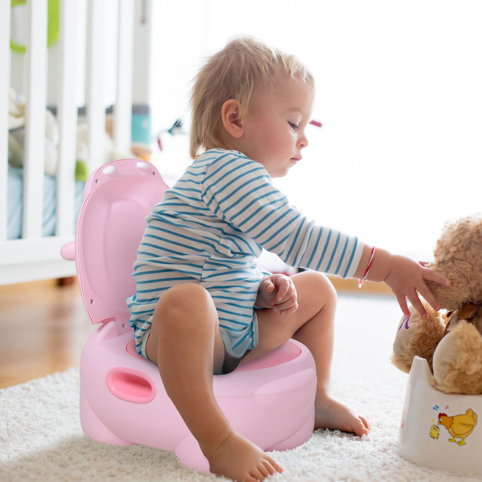 Hippo-Shaped 2-in-1 Baby Potty with Removable Bucket, Toilet Brush for Learning Training, Supports up to 25 kg, 40x30x23 cm, Pink