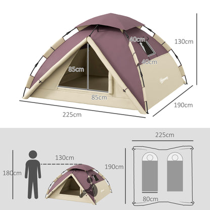 2-Person Camping Tent with 2 Windows and Internal Hook, Polyester and Fiberglass Camping Tent, 225x190x130 cm, Khaki color