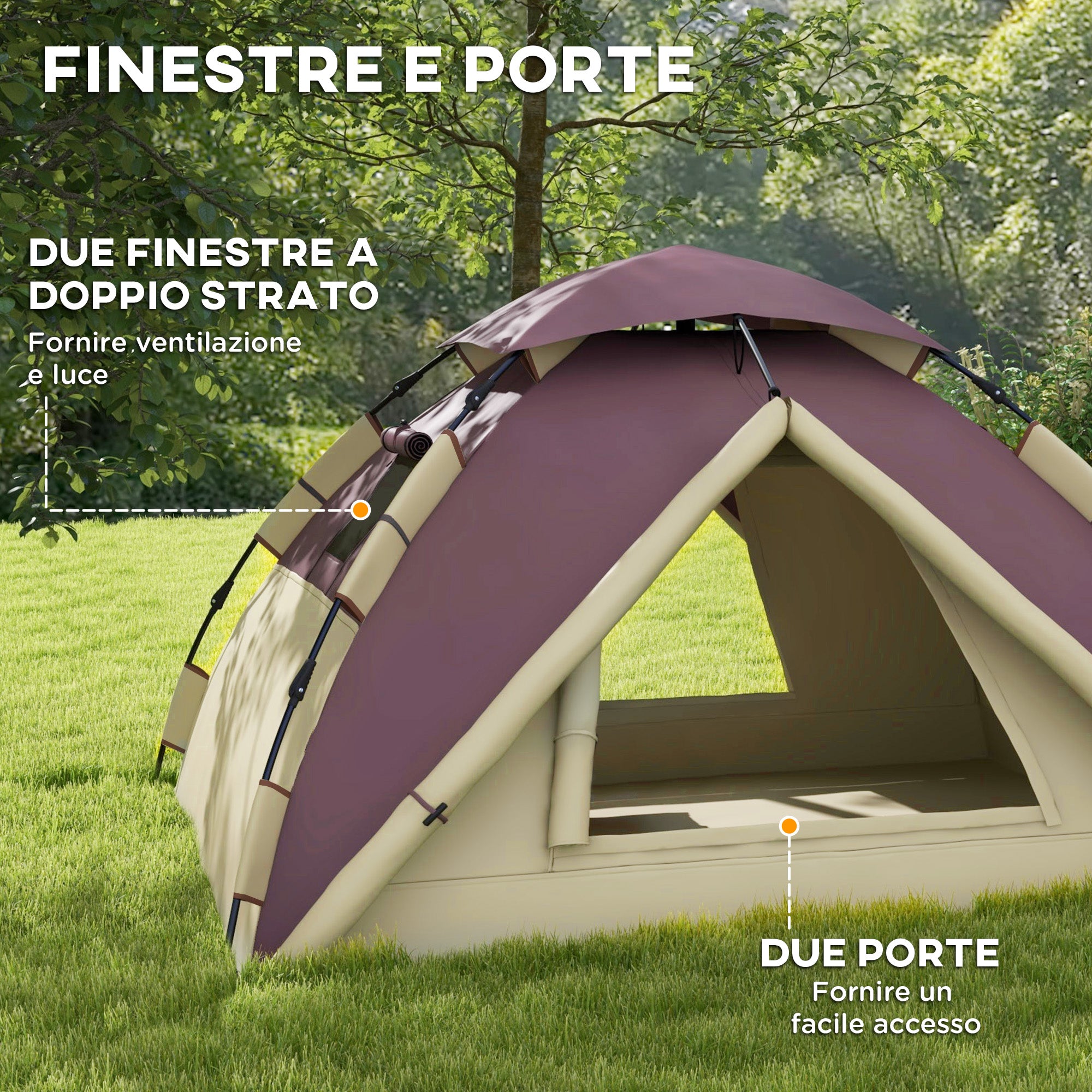 2-Person Camping Tent with 2 Windows and Internal Hook, Polyester and Fiberglass Camping Tent, 225x190x130 cm, Khaki color