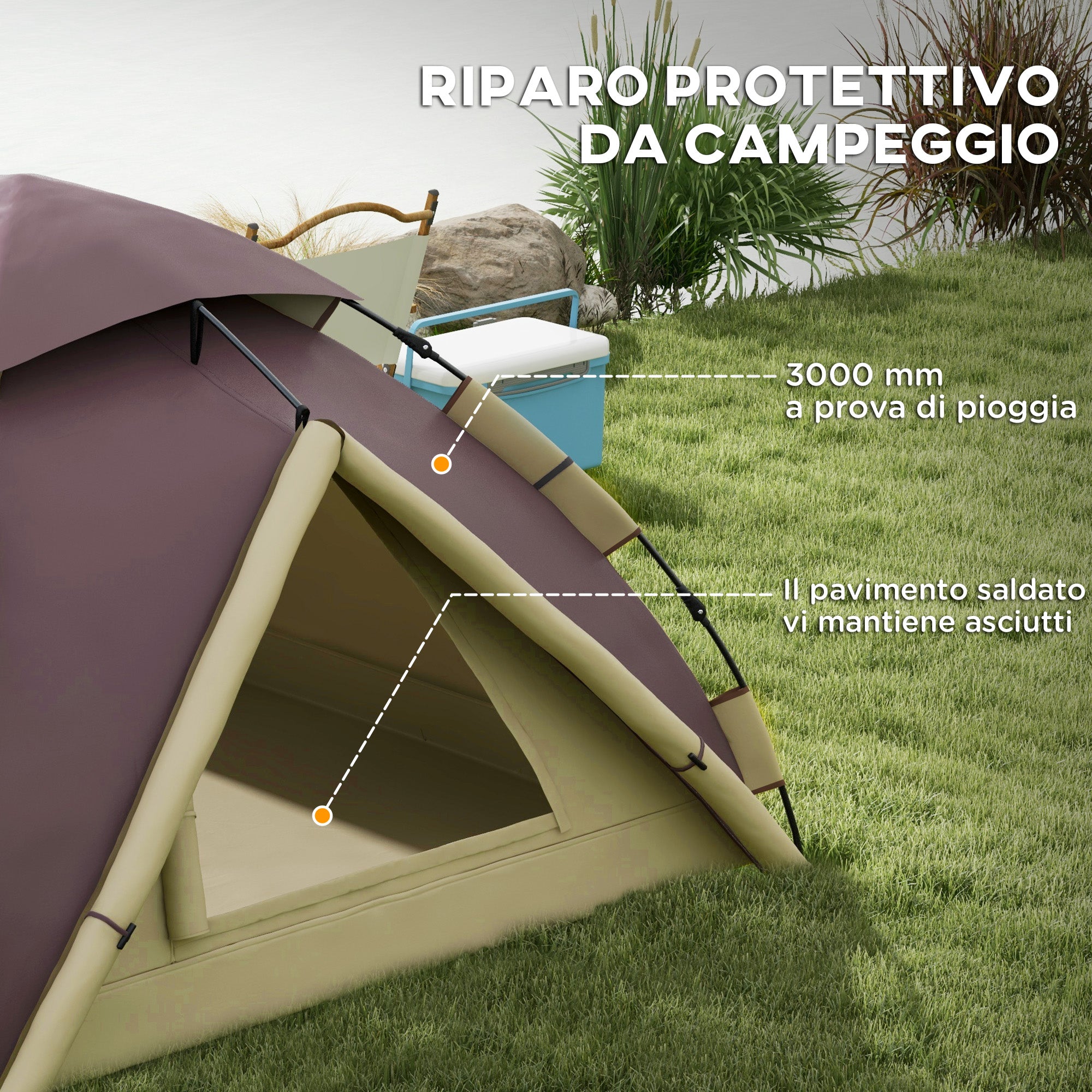 2-Person Camping Tent with 2 Windows and Internal Hook, Polyester and Fiberglass Camping Tent, 225x190x130 cm, Khaki color