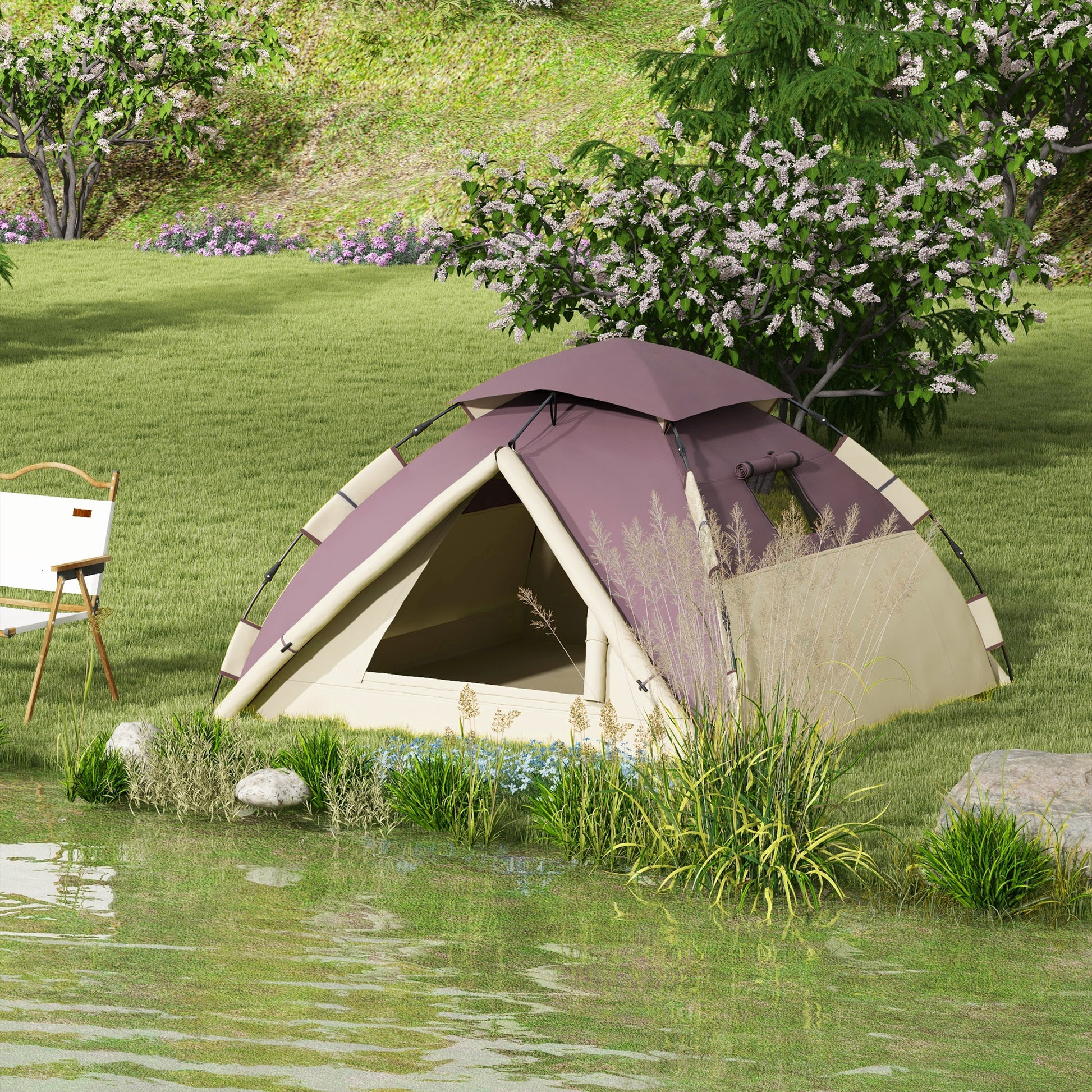2-Person Camping Tent with 2 Windows and Internal Hook, Polyester and Fiberglass Camping Tent, 225x190x130 cm, Khaki color