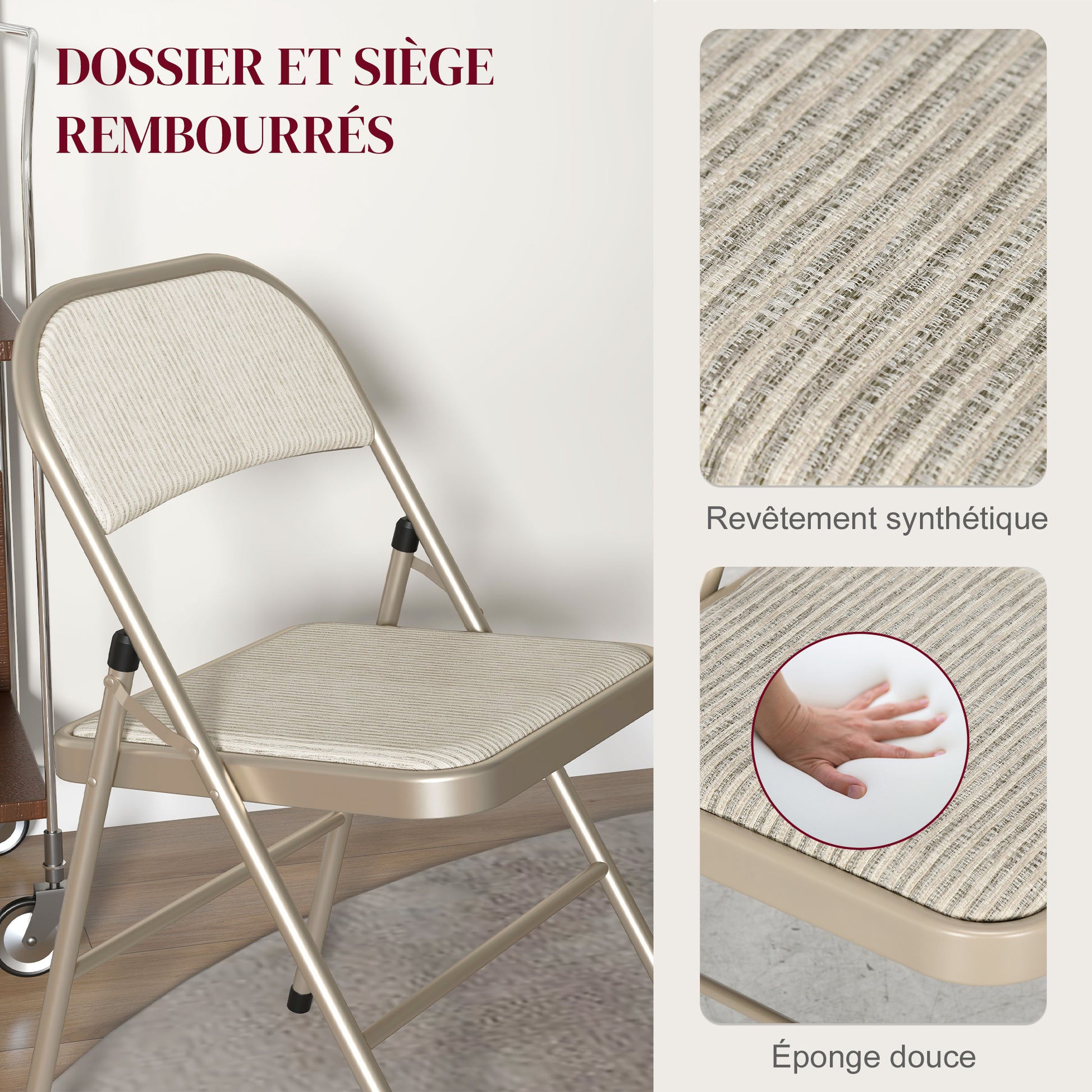 Set of 6 Folding Chairs Portable Dining Room Chairs Indoor Foldable Chair with Linen Cushion and Steel Frame 45 x 46 x 78 cm Beige