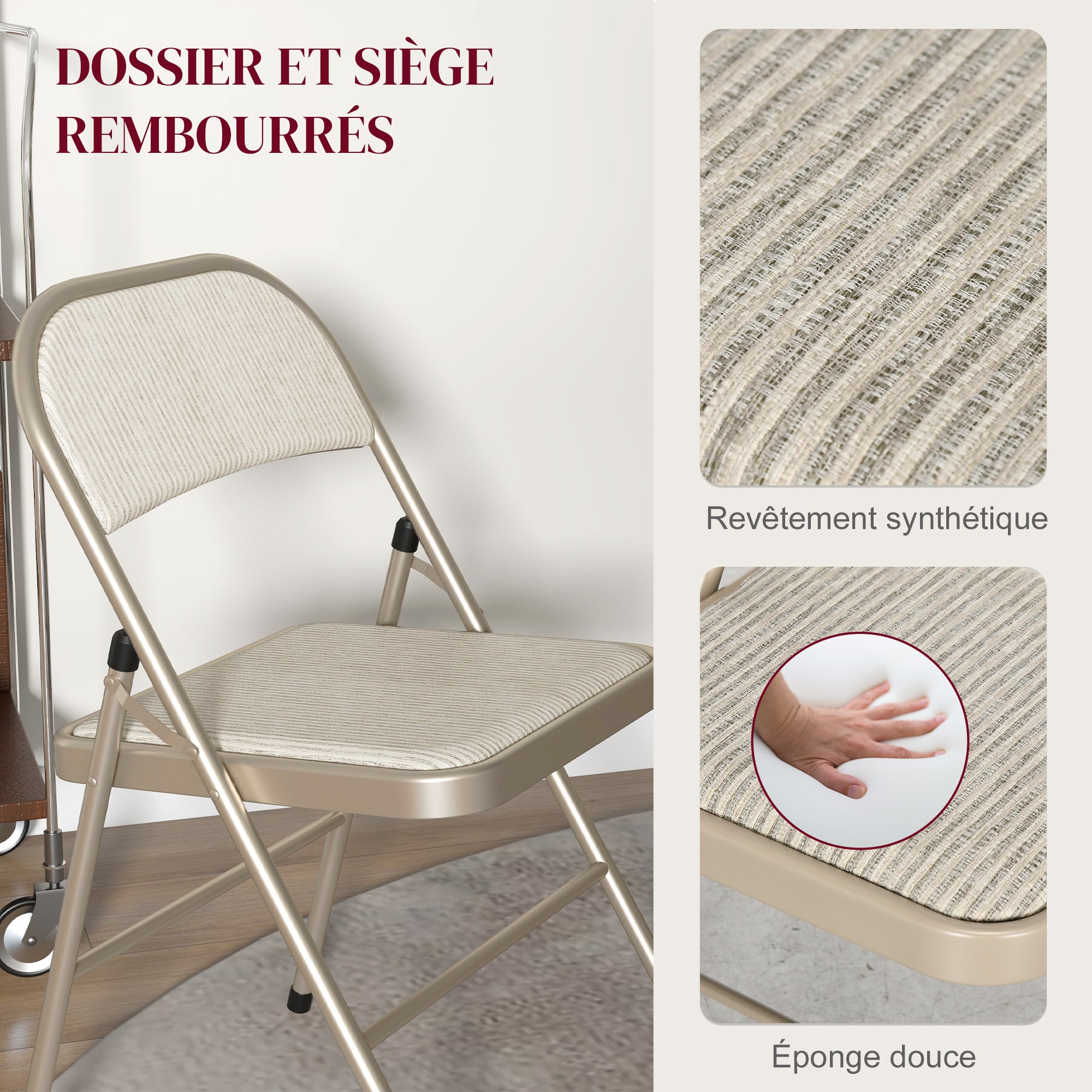 Set of 6 Folding Chairs Portable Dining Room Chairs Indoor Foldable Chair with Linen Cushion and Steel Frame 45 x 46 x 78 cm Beige