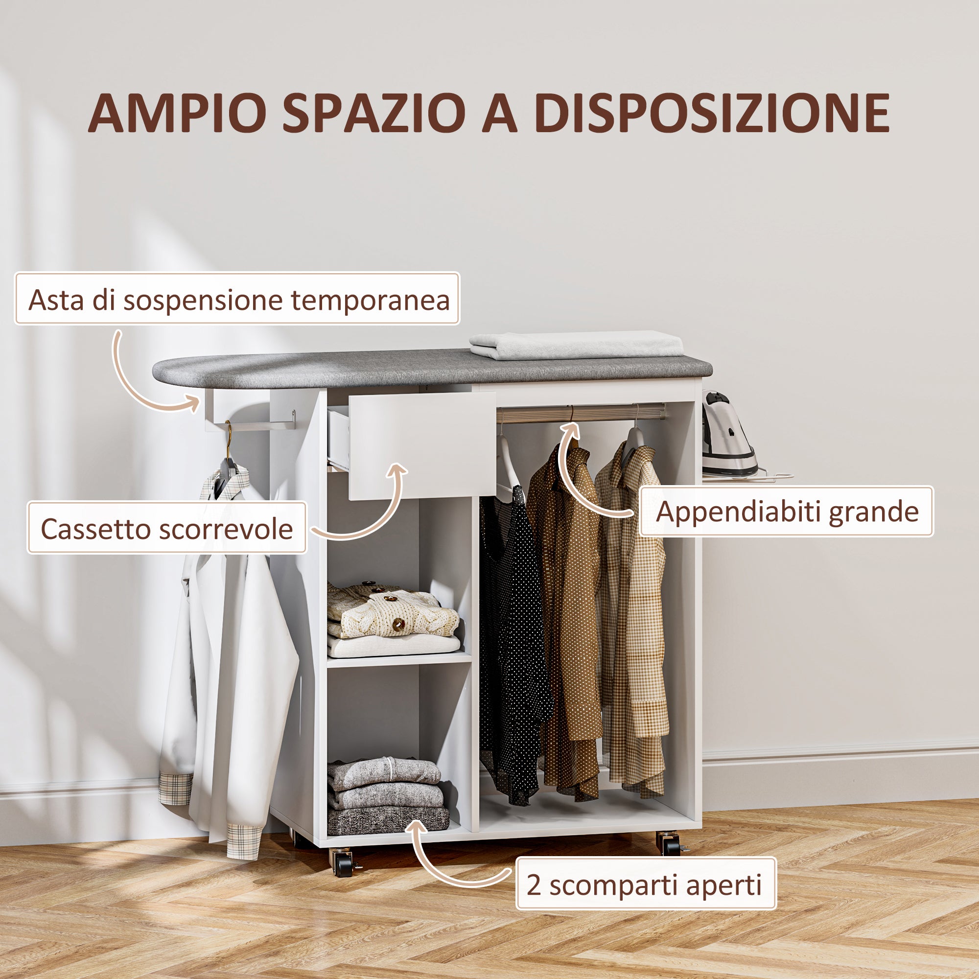 Ironing Board with Brake Wheels and Iron Holder, Multi-Purpose Ironing Board with Hanging Rail, Drawer, and Adjustable Shelf, for Laundry Room, Bathroom, 125x43.5x112 cm, White