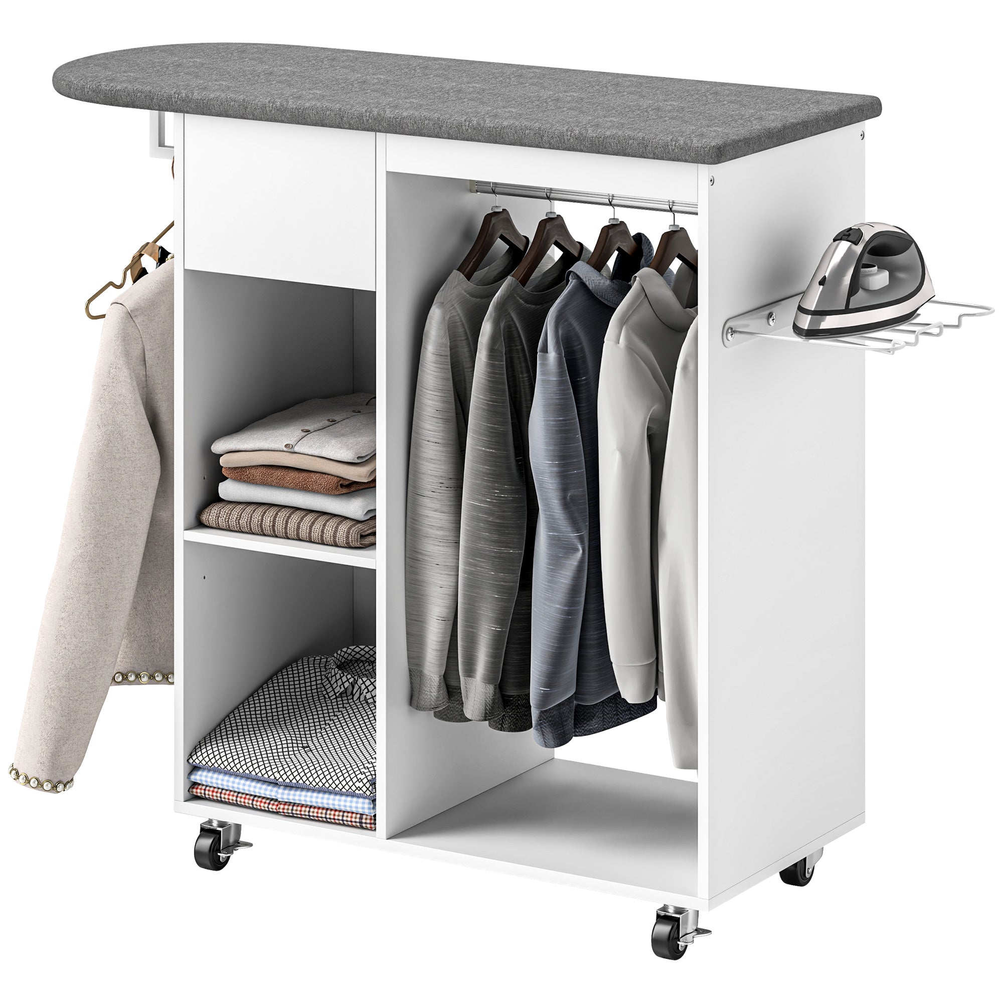 Ironing Board with Brake Wheels and Iron Holder, Multi-Purpose Ironing Board with Hanging Rail, Drawer, and Adjustable Shelf, for Laundry Room, Bathroom, 125x43.5x112 cm, White