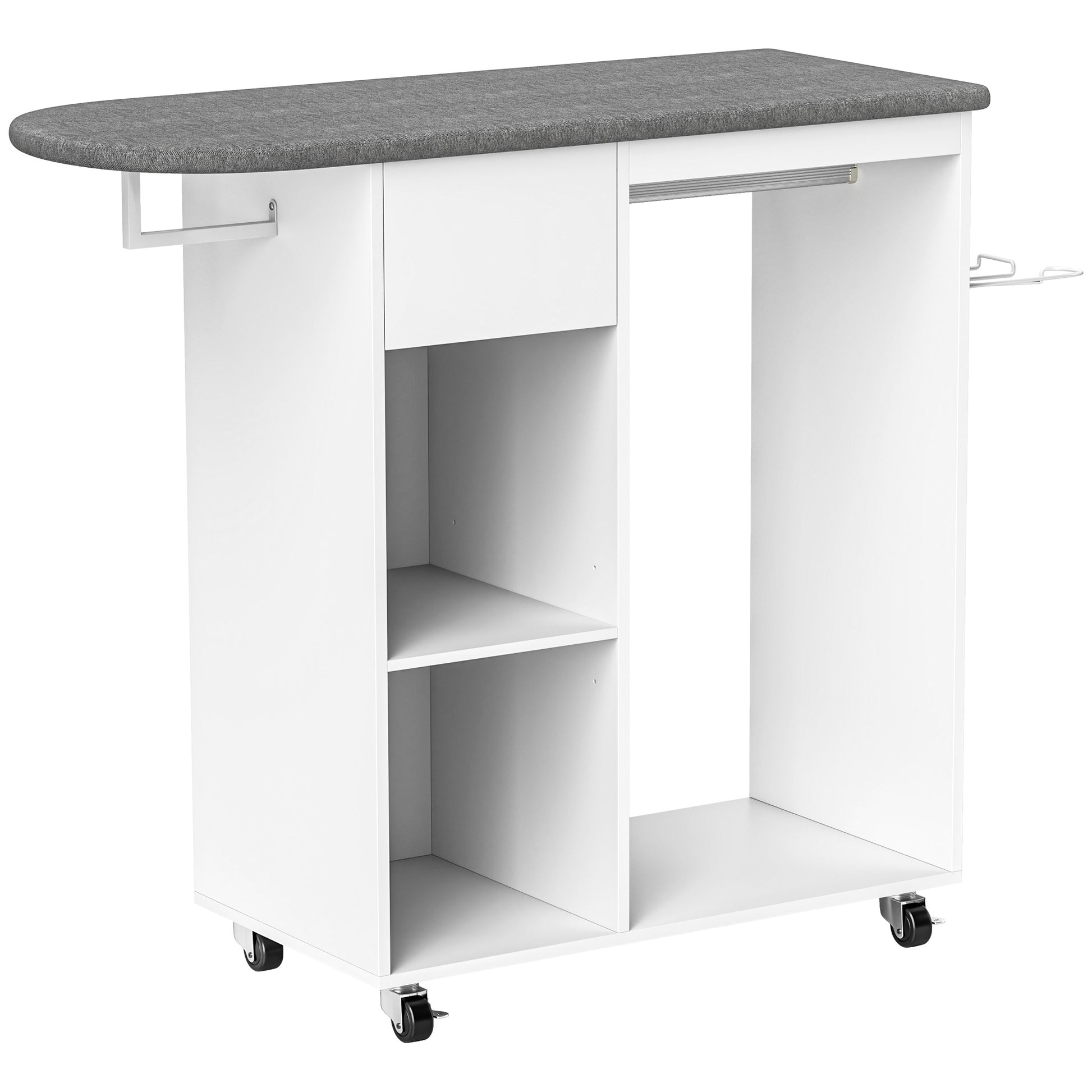 Ironing Board with Brake Wheels and Iron Holder, Multi-Purpose Ironing Board with Hanging Rail, Drawer, and Adjustable Shelf, for Laundry Room, Bathroom, 125x43.5x112 cm, White