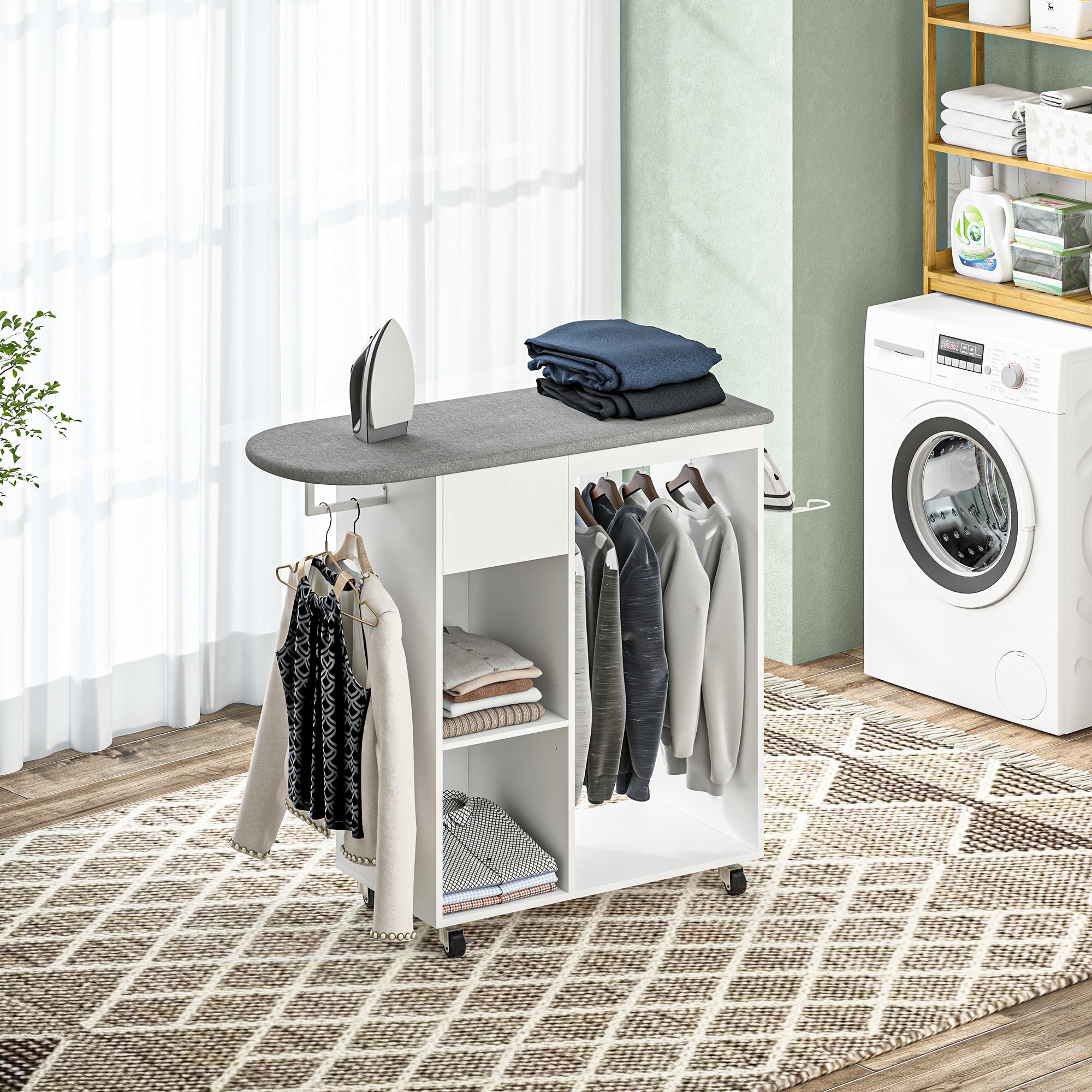 Ironing Board with Brake Wheels and Iron Holder, Multi-Purpose Ironing Board with Hanging Rail, Drawer, and Adjustable Shelf, for Laundry Room, Bathroom, 125x43.5x112 cm, White