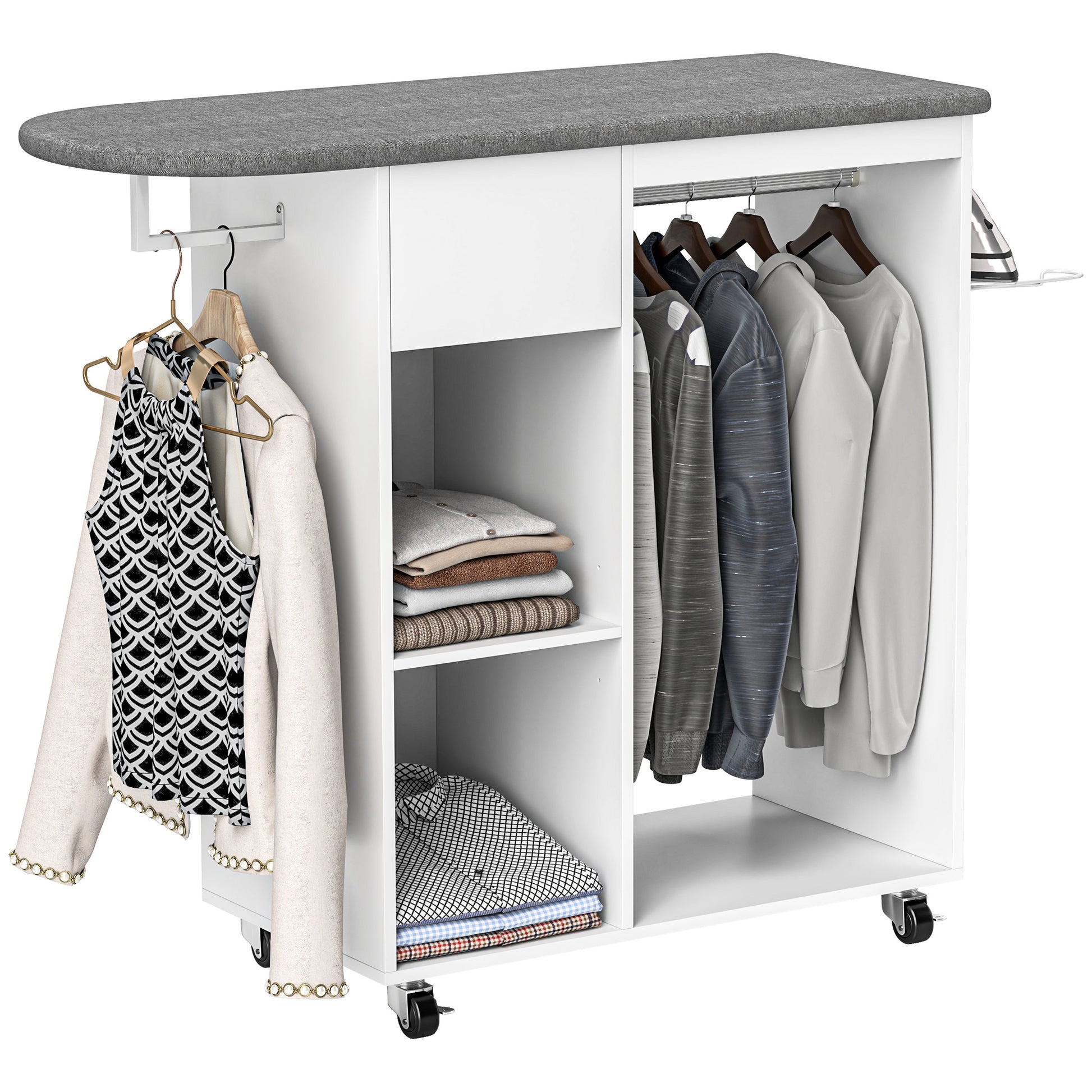 Ironing Board with Brake Wheels and Iron Holder, Multi-Purpose Ironing Board with Hanging Rail, Drawer, and Adjustable Shelf, for Laundry Room, Bathroom, 125x43.5x112 cm, White