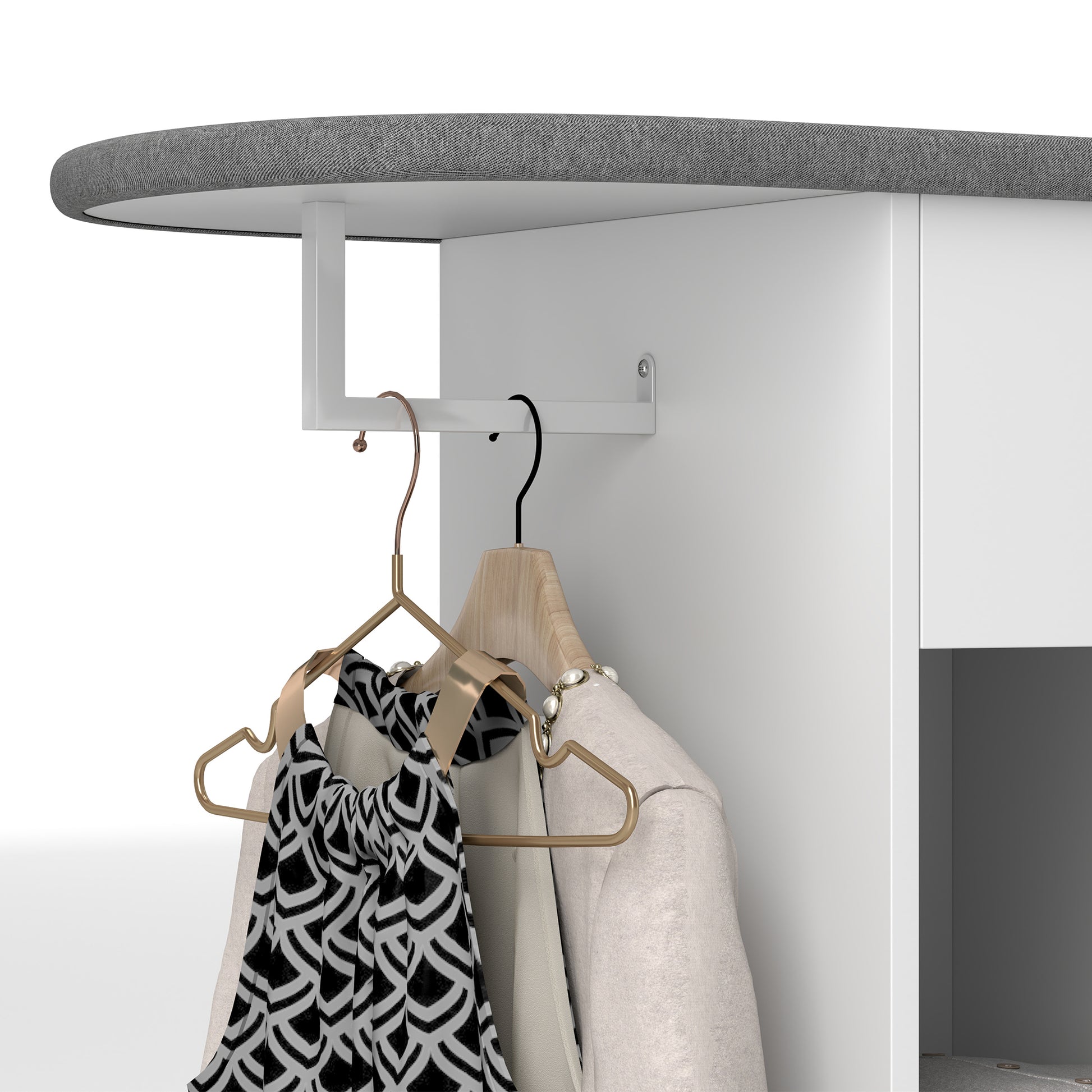 Ironing Board with Brake Wheels and Iron Holder, Multi-Purpose Ironing Board with Hanging Rail, Drawer, and Adjustable Shelf, for Laundry Room, Bathroom, 125x43.5x112 cm, White