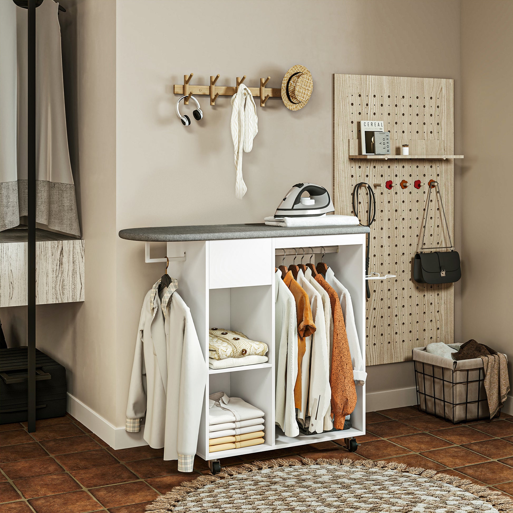 Ironing Board with Brake Wheels and Iron Holder, Multi-Purpose Ironing Board with Hanging Rail, Drawer, and Adjustable Shelf, for Laundry Room, Bathroom, 125x43.5x112 cm, White