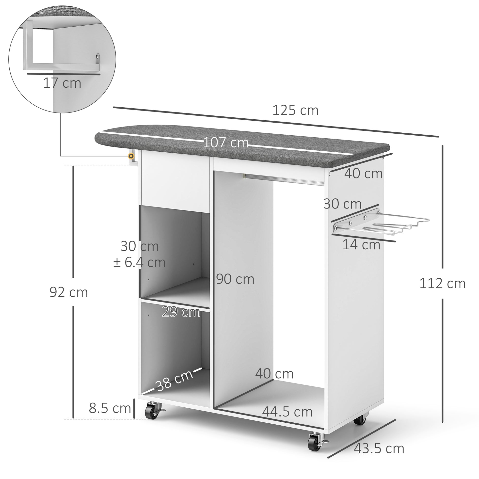 Ironing Board with Brake Wheels and Iron Holder, Multi-Purpose Ironing Board with Hanging Rail, Drawer, and Adjustable Shelf, for Laundry Room, Bathroom, 125x43.5x112 cm, White