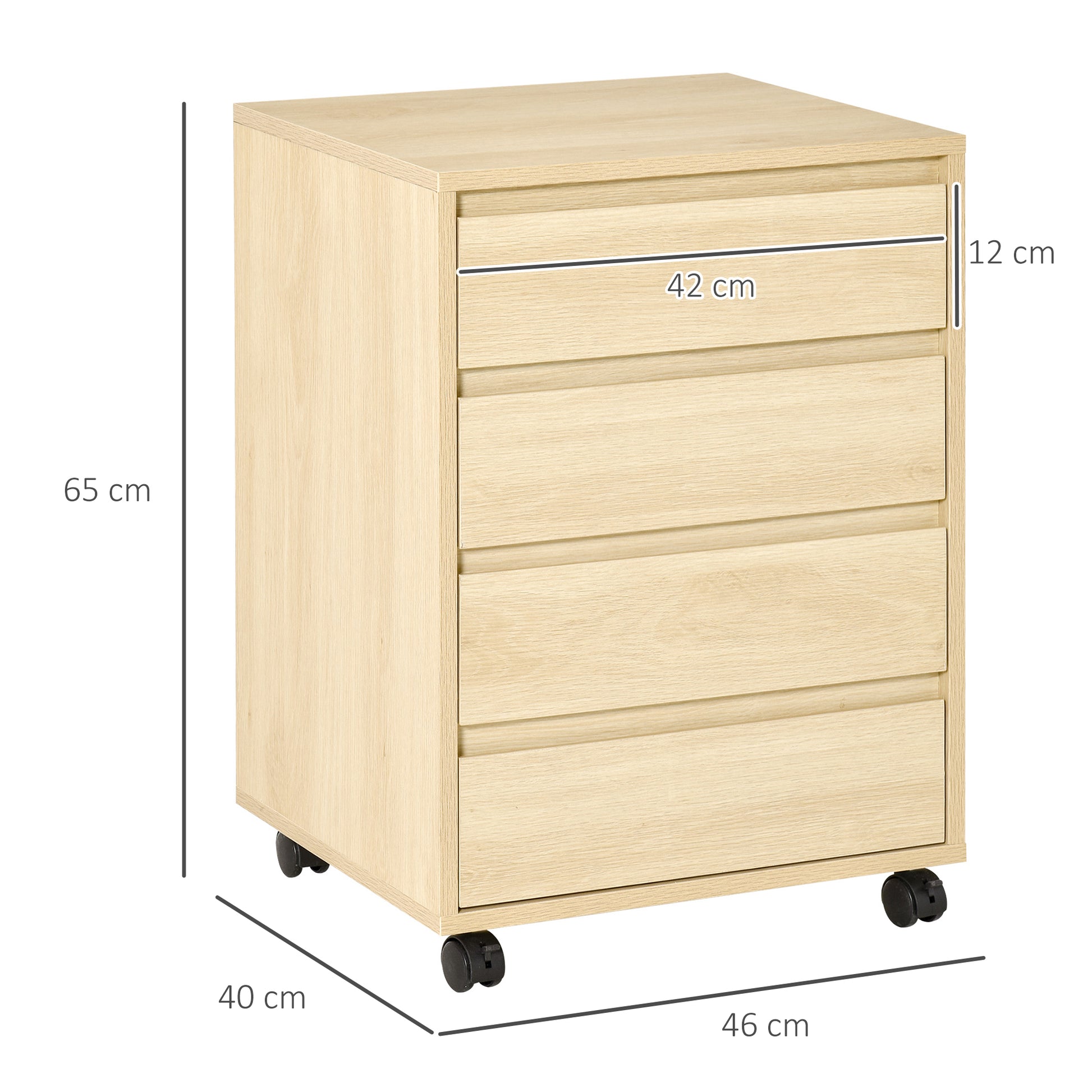Office Drawer Unit with 4 Drawers Desk Drawer Unit with Wheels Mobile Filing Cabinet for Study 46x40x65 cm Natural