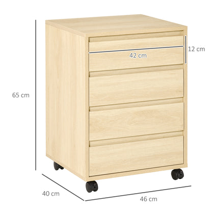 Office Drawer Unit with 4 Drawers Desk Drawer Unit with Wheels Mobile Filing Cabinet for Study 46x40x65 cm Natural