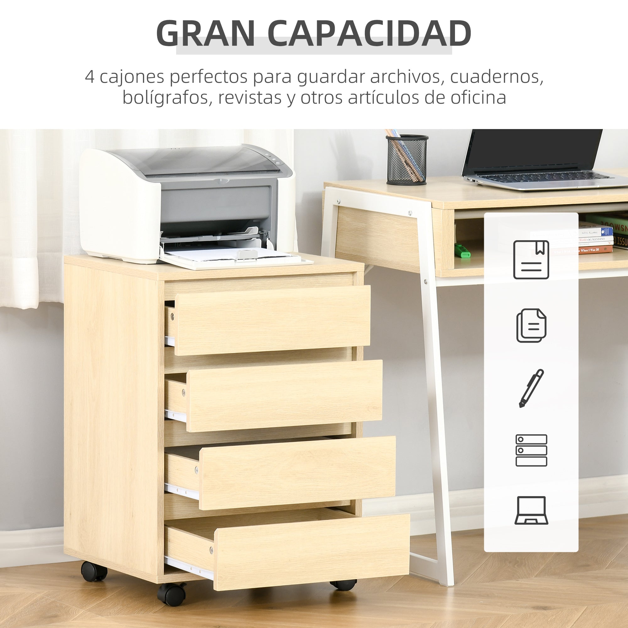 Office Drawer Unit with 4 Drawers Desk Drawer Unit with Wheels Mobile Filing Cabinet for Study 46x40x65 cm Natural