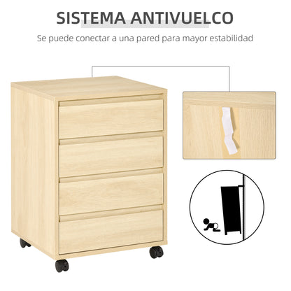 Office Drawer Unit with 4 Drawers Desk Drawer Unit with Wheels Mobile Filing Cabinet for Study 46x40x65 cm Natural