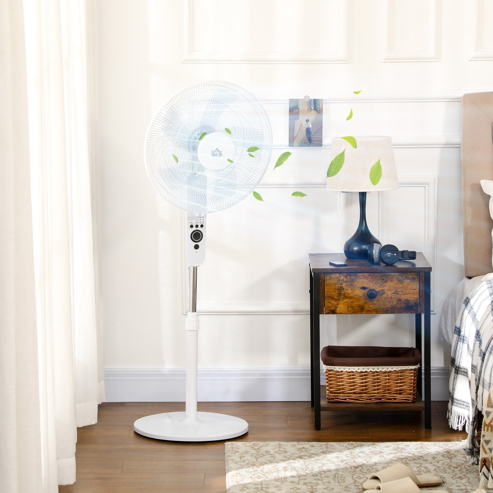 Powerful 45 W Pedestal Fan, Adjustable Height Fan 110-124 cm, Remote Control, 5 Blades of 40 cm, 3 Modes and 3 Speeds, 70° Oscillation and Timer, White