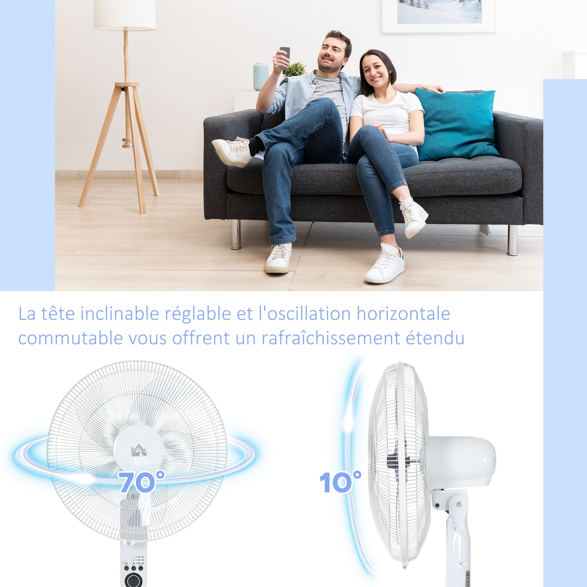Powerful 45 W Pedestal Fan, Adjustable Height Fan 110-124 cm, Remote Control, 5 Blades of 40 cm, 3 Modes and 3 Speeds, 70° Oscillation and Timer, White