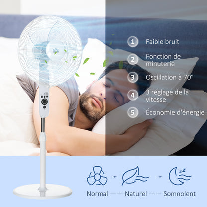 Powerful 45 W Pedestal Fan, Adjustable Height Fan 110-124 cm, Remote Control, 5 Blades of 40 cm, 3 Modes and 3 Speeds, 70° Oscillation and Timer, White