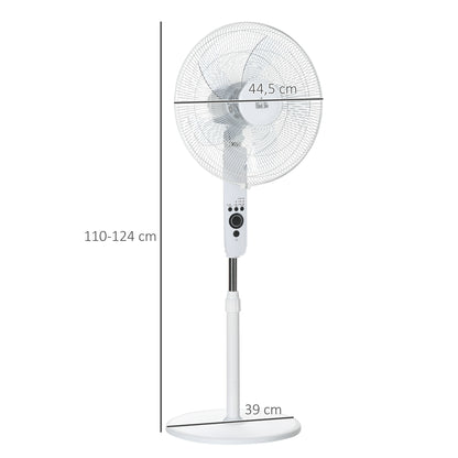 Powerful 45 W Pedestal Fan, Adjustable Height Fan 110-124 cm, Remote Control, 5 Blades of 40 cm, 3 Modes and 3 Speeds, 70° Oscillation and Timer, White