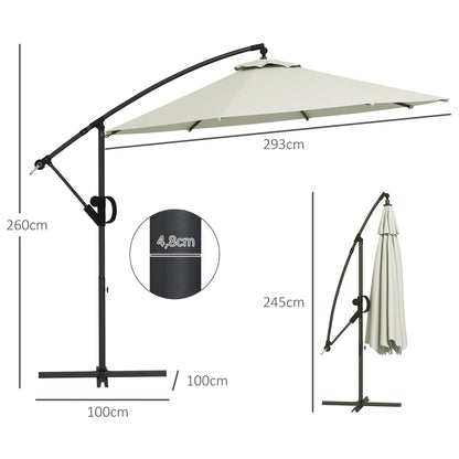Ø293 cm Cantilever Umbrella with Cross Base, Sunshade with Crank, Tilt, and 8 Ribs, Hanging Patio Umbrella for Outdoor Pool, Garden, Balcony, Cream