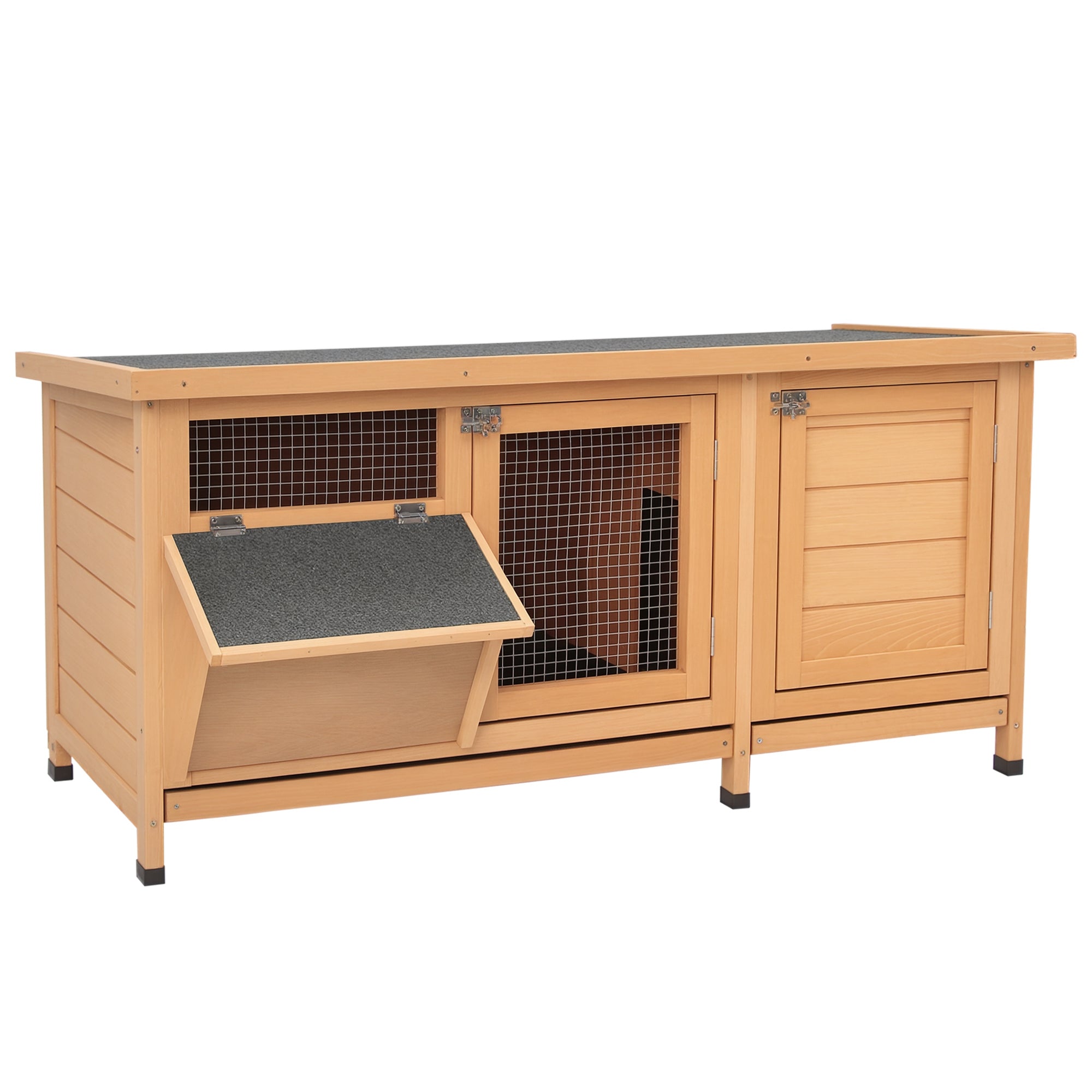 Small Animal Cage with Tray Small Animal House with Asphalt Roof and Feeding Trough Outdoor Indoor Fir Wood Natural+Black 112 x 50 x 54 cm